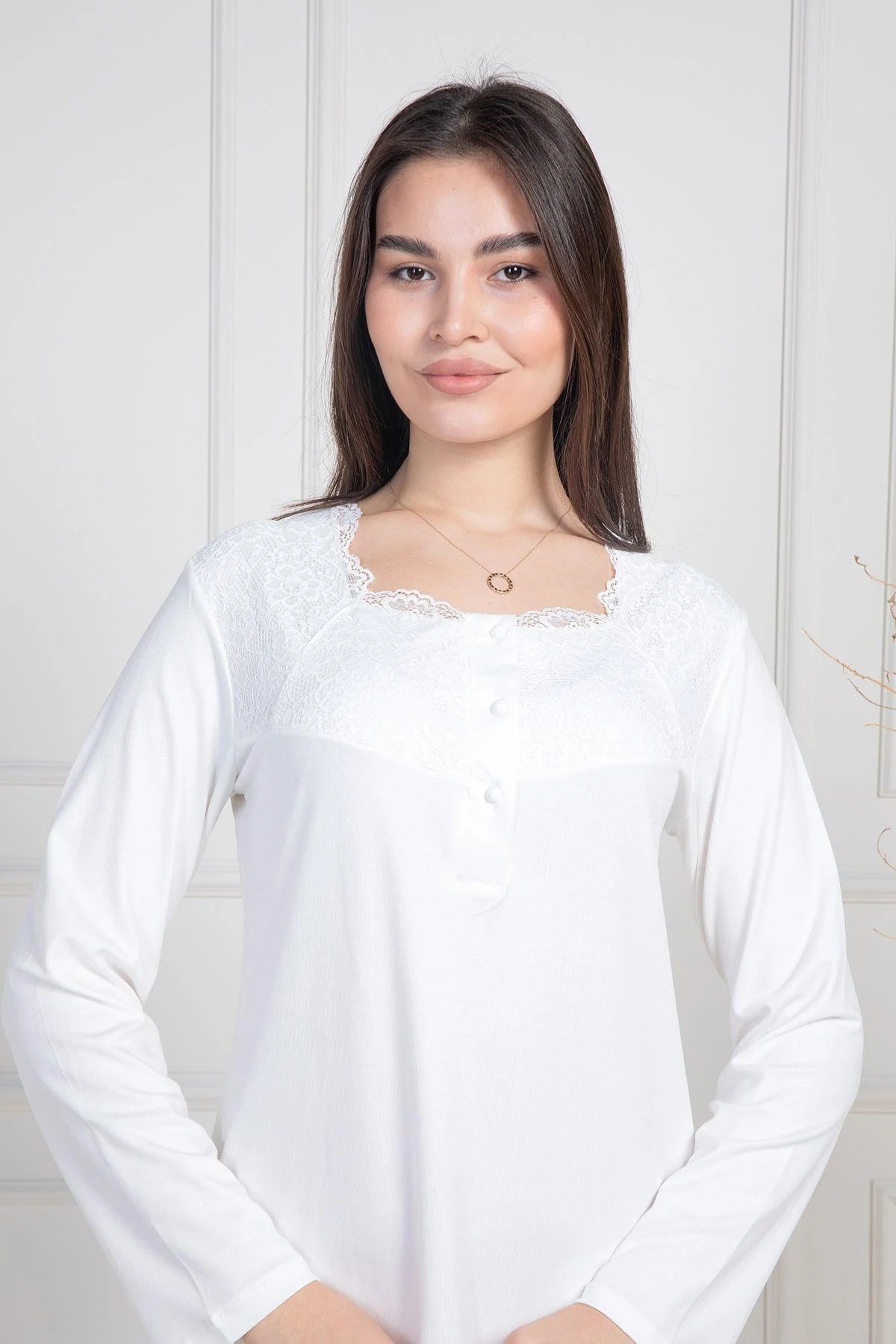 Mecit Pijama-Plus Size Melisa Nightgown - Long Sleeve, Guipure Detail, 75% Cotton 25% Viscose 4