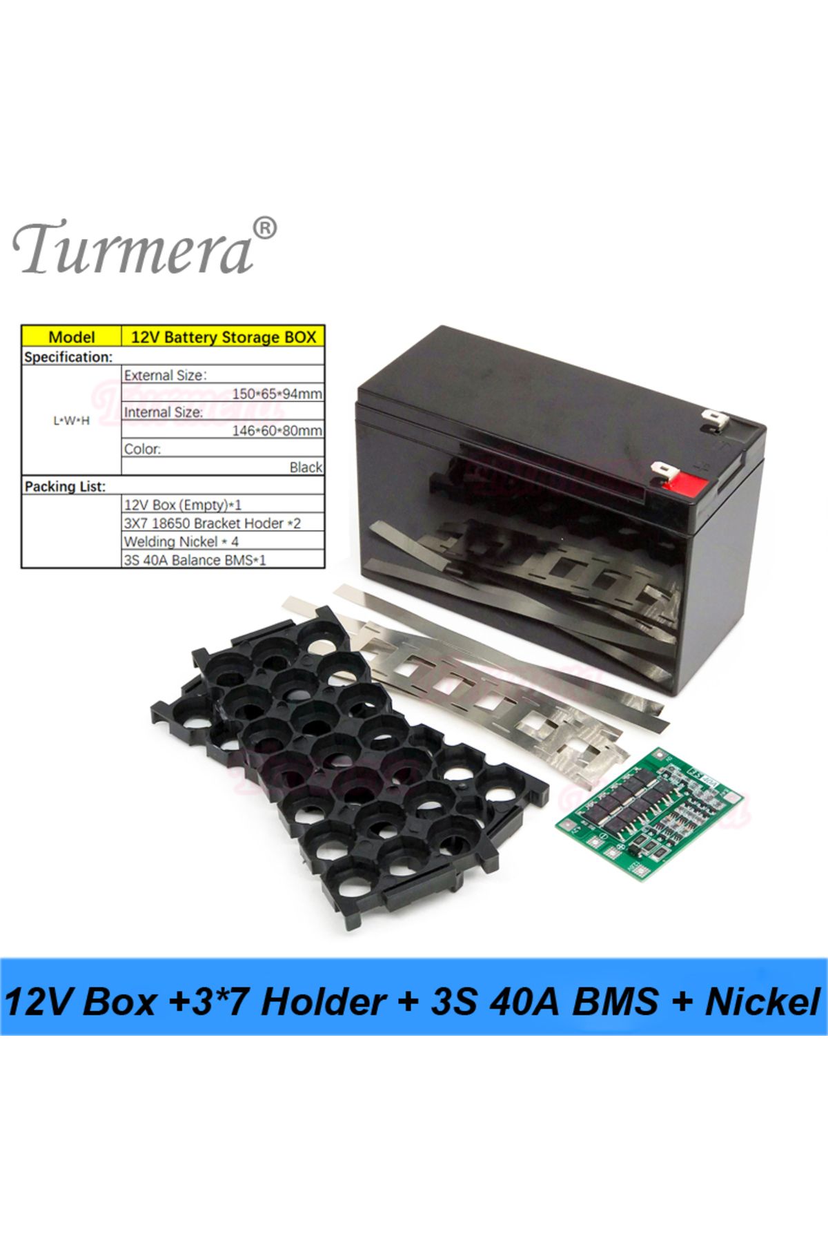Turmera-Black Bms Nickel 12v 7ah To 20ah Battery Storage Box 3x7 18650 Holder 3s 40a Bms With Weldin 1