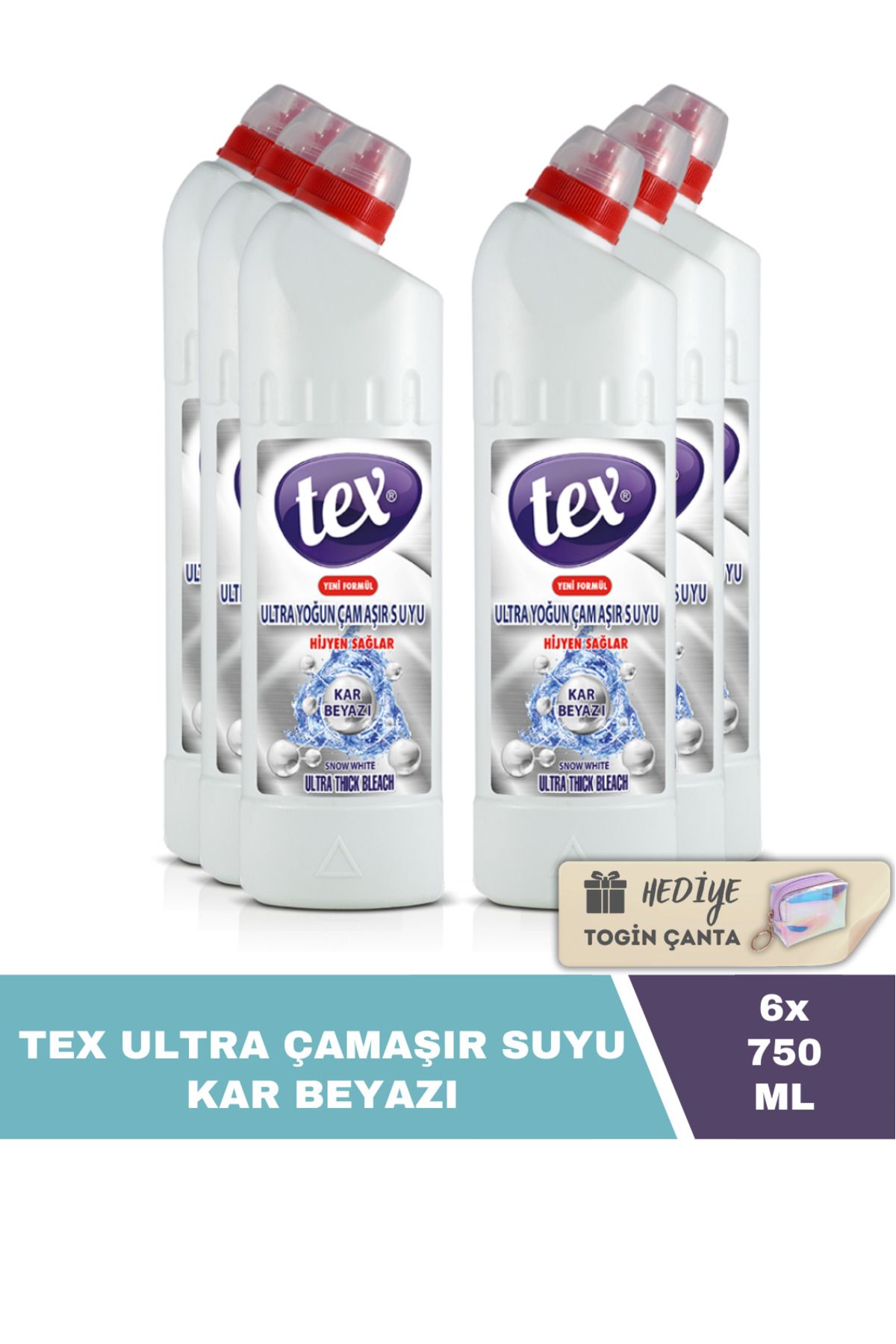 Tex Ultra Çamaşır Suyu Kar Beyazı 750 ml X6 Adet Hediye Togin Çanta