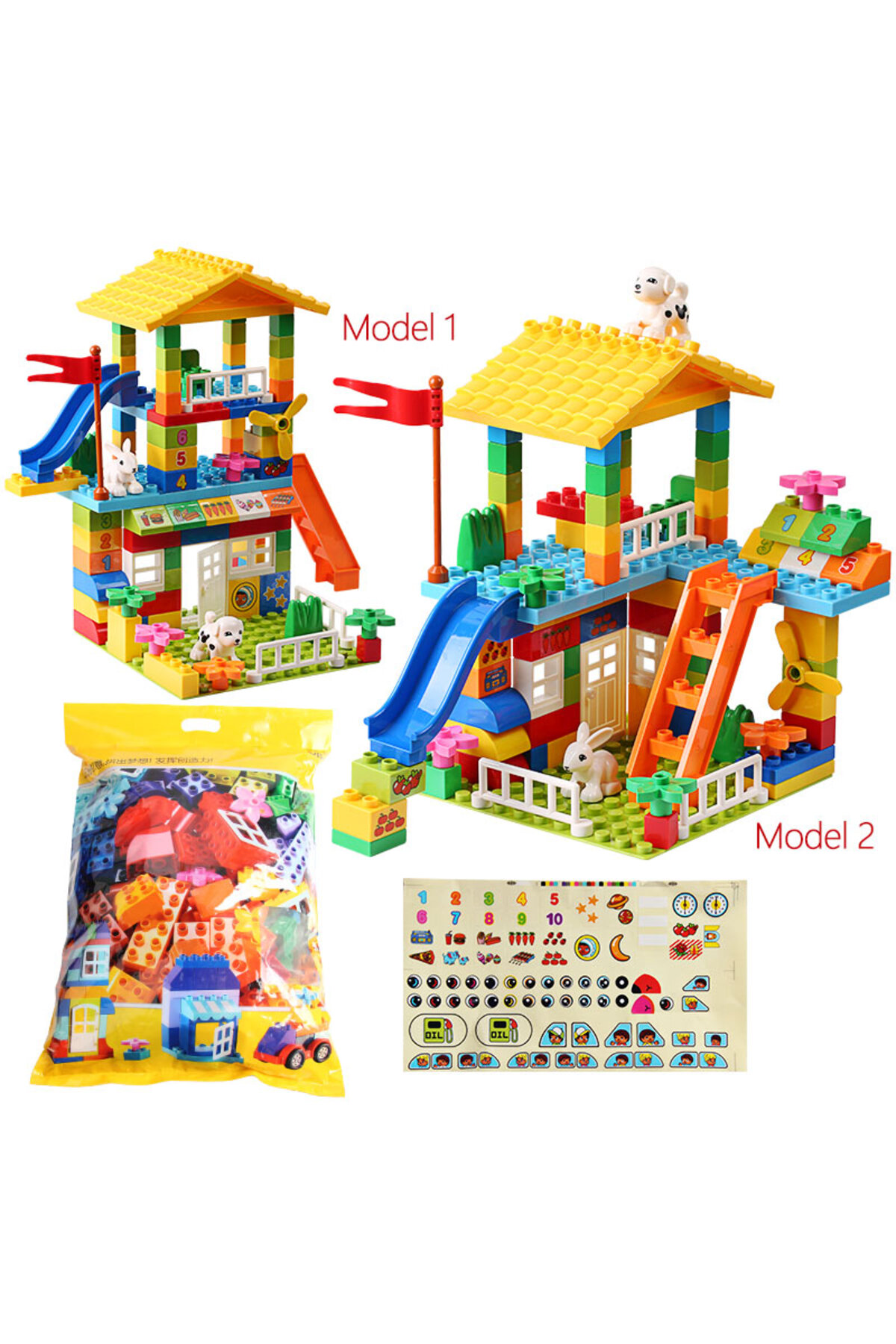 در بسته‌ها ۱۰۰ عدد بلوک سقف با قطعات بزرگ سازگار با خانه شهری، بلوک‌های ساختمانی بزرگ با سرسره، قلعه