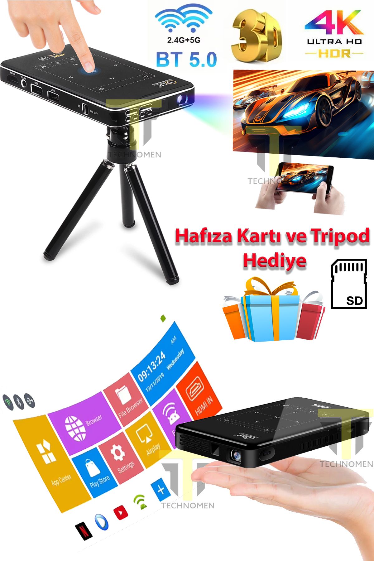 TECHNOMEN 4K Mini Taşınabilir Projeksiyon Android Bluetooth HDMI Hafıza Kartı ve Tripod Hediyeli Projektör