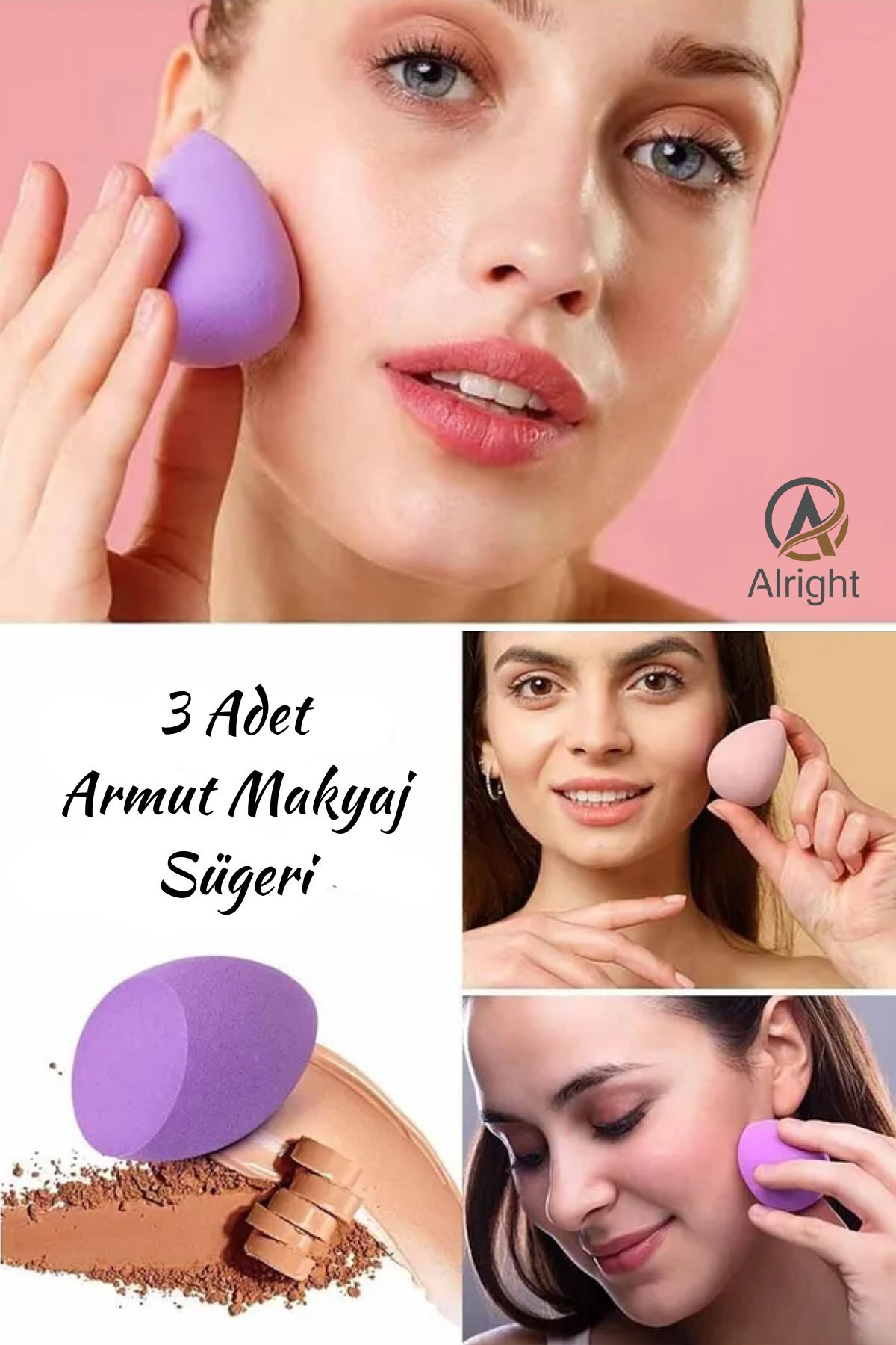 Alright 3 Adet Armut Makyaj Süngeri Islak ve Kuru Kullanım Yıkanabilir Yapısı ile (Makeup Sponge)