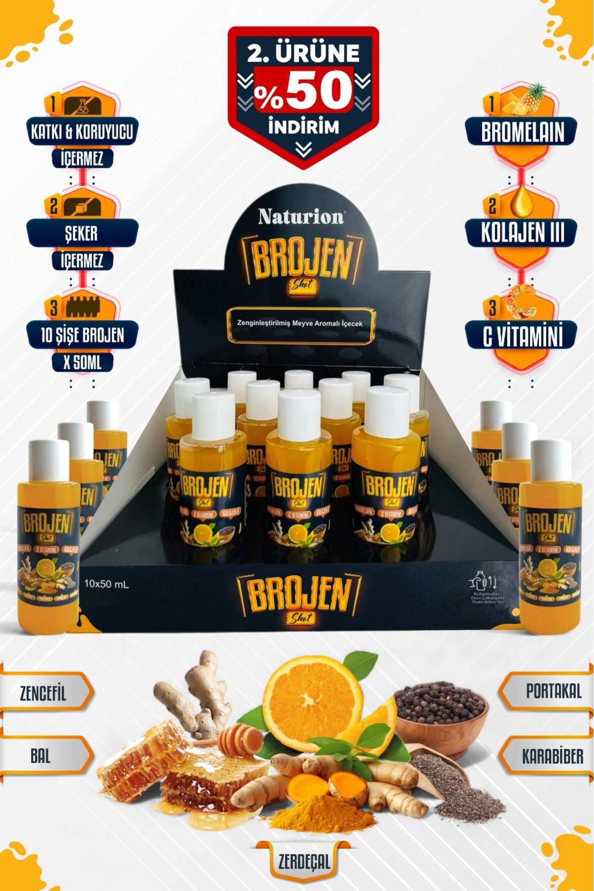 Naturion Brojen Shot 10x50 ml - Kolajen & Bromelainli, C Vitaminli Enerji, Vücut Desteği Ginger Shot