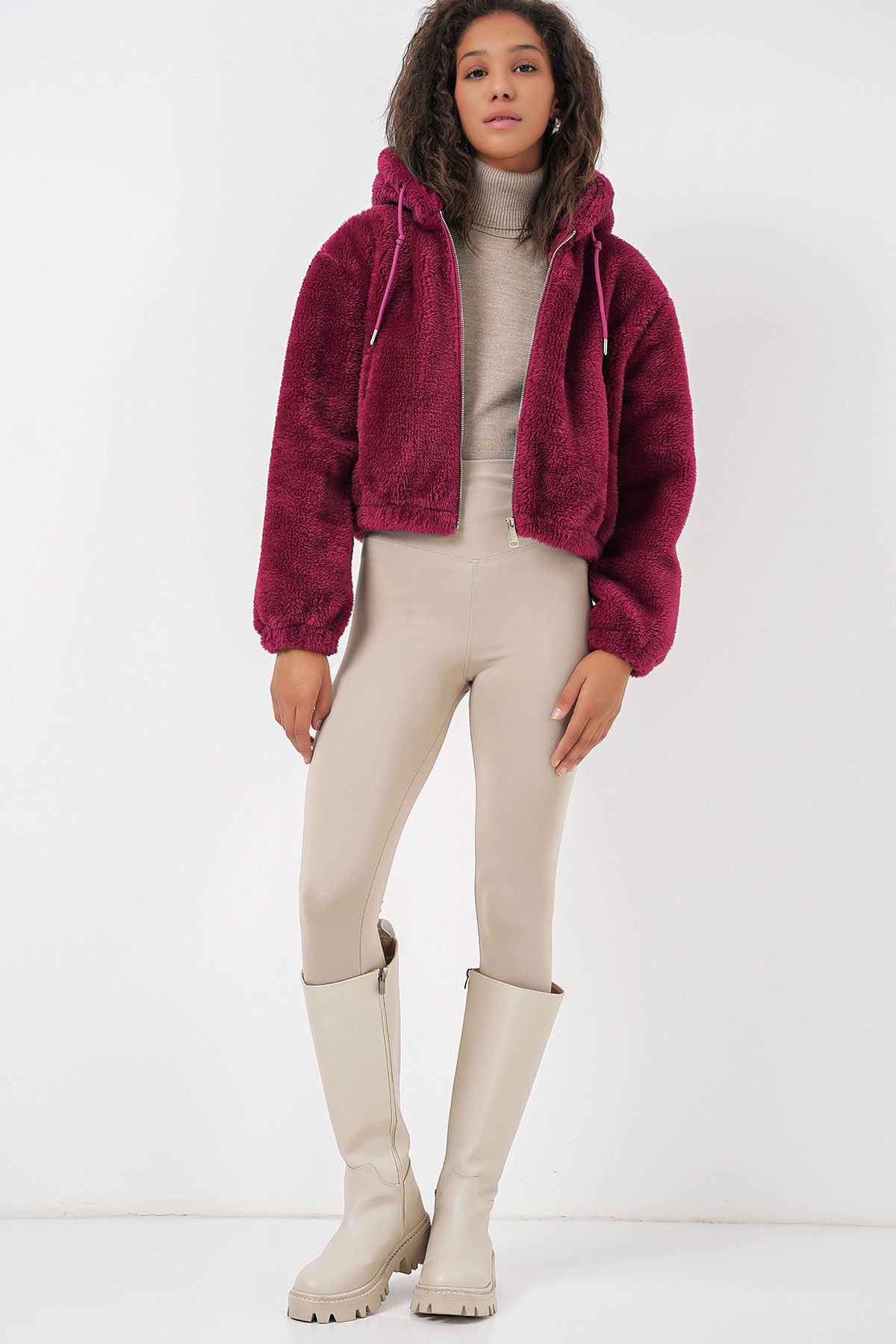 Bigdart-5193 Hooded Plush Crop Jacket - Plum 3