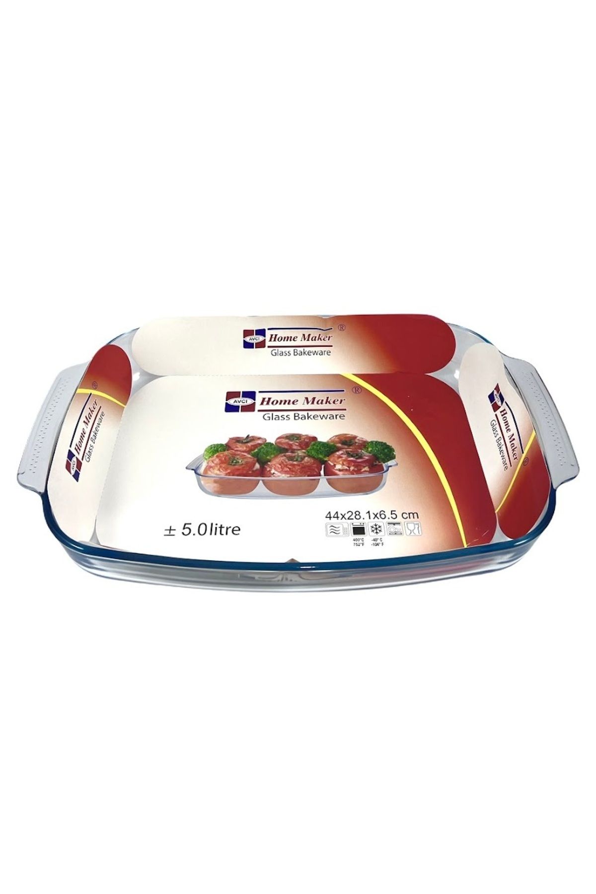 AVCI HOME MAKER-Curve Rectangular Deep Glass Baking Dish, 5 Lt Capacity, 44X28.1 Cm Diameter, 6.5 Cm Height - Clear 3