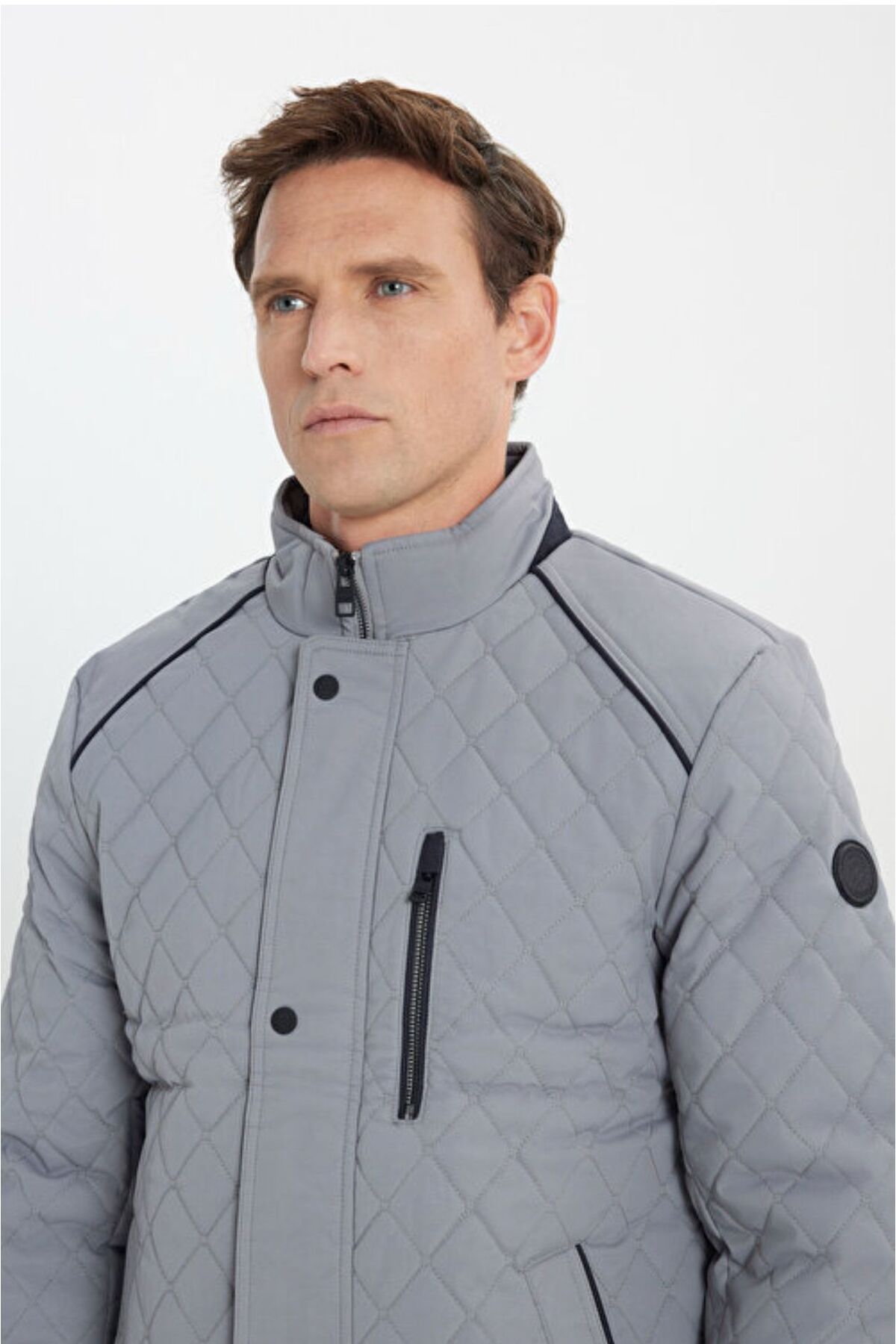 ALTINYILDIZ CLASSICS-Standard Fit Regular Fit Stand Collar Quilted Patterned Snap Fastener Side Pocket Gray Coat 5