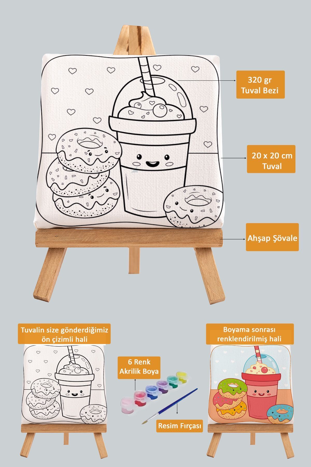 PAMUK'S DESİGN Sevimli Donut Ve Milkshake, Çocuk Eğitici Tuval Boyama Hobi Seti-9045