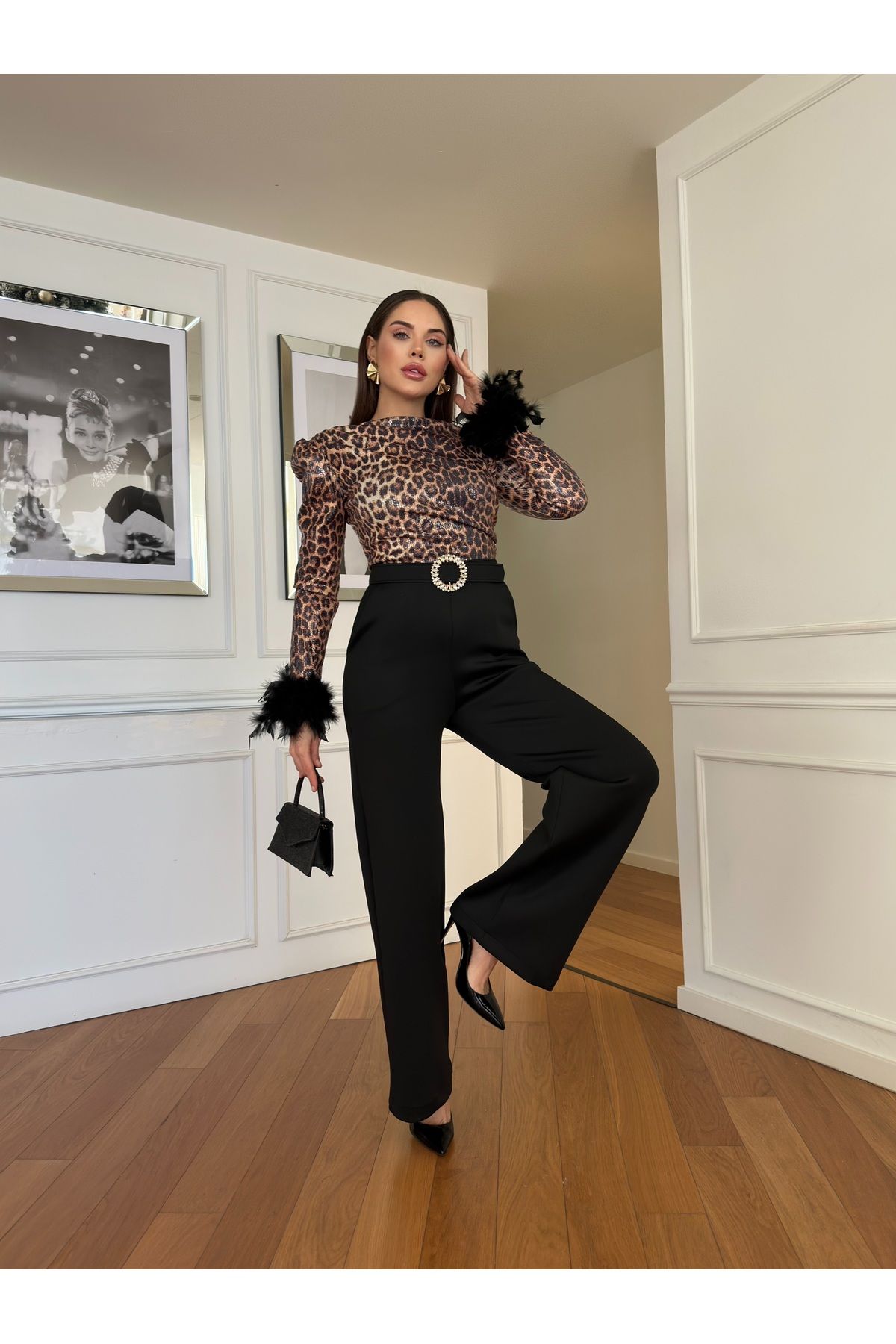 1Moda1Tarz-Leopard Print Sequined Fabric - Lining Design Jumpsuit Dress with Openwork Sleeves and Belt 4