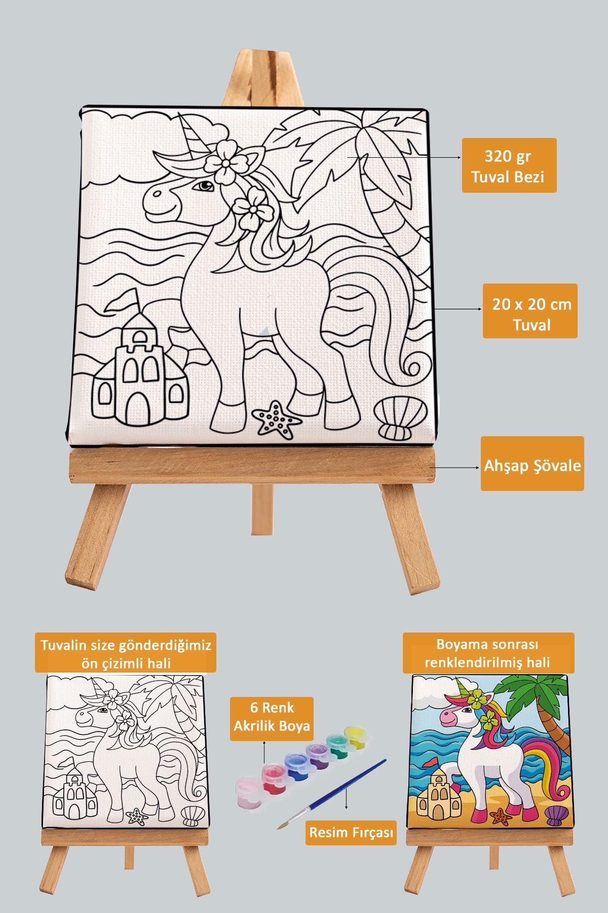 PAMUK'S DESİGN Sevimli Unicorn, Çocuk Eğitici Tuval Boyama Hobi Seti-9212