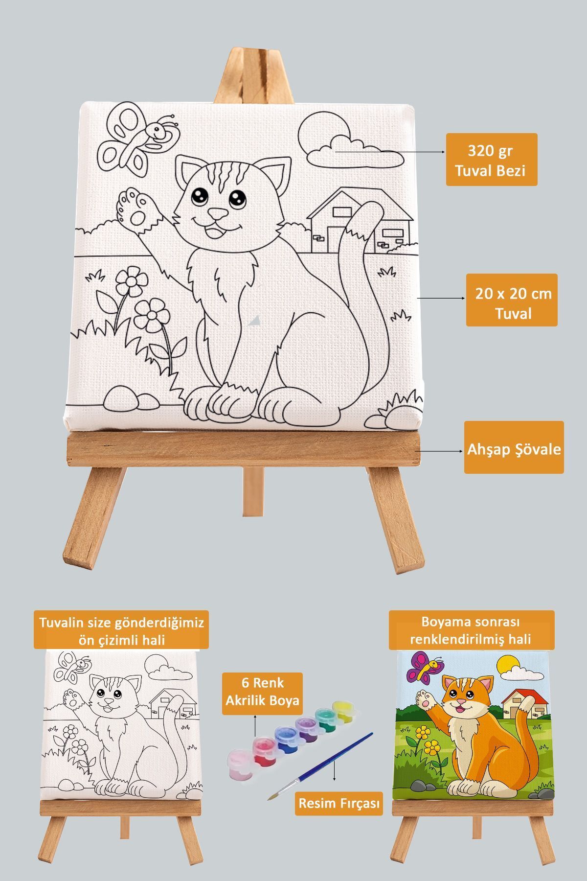 PAMUK'S DESİGN Sevimli Kedi Ve Kelebek, Çocuk Eğitici Tuval Boyama Hobi Seti-9019