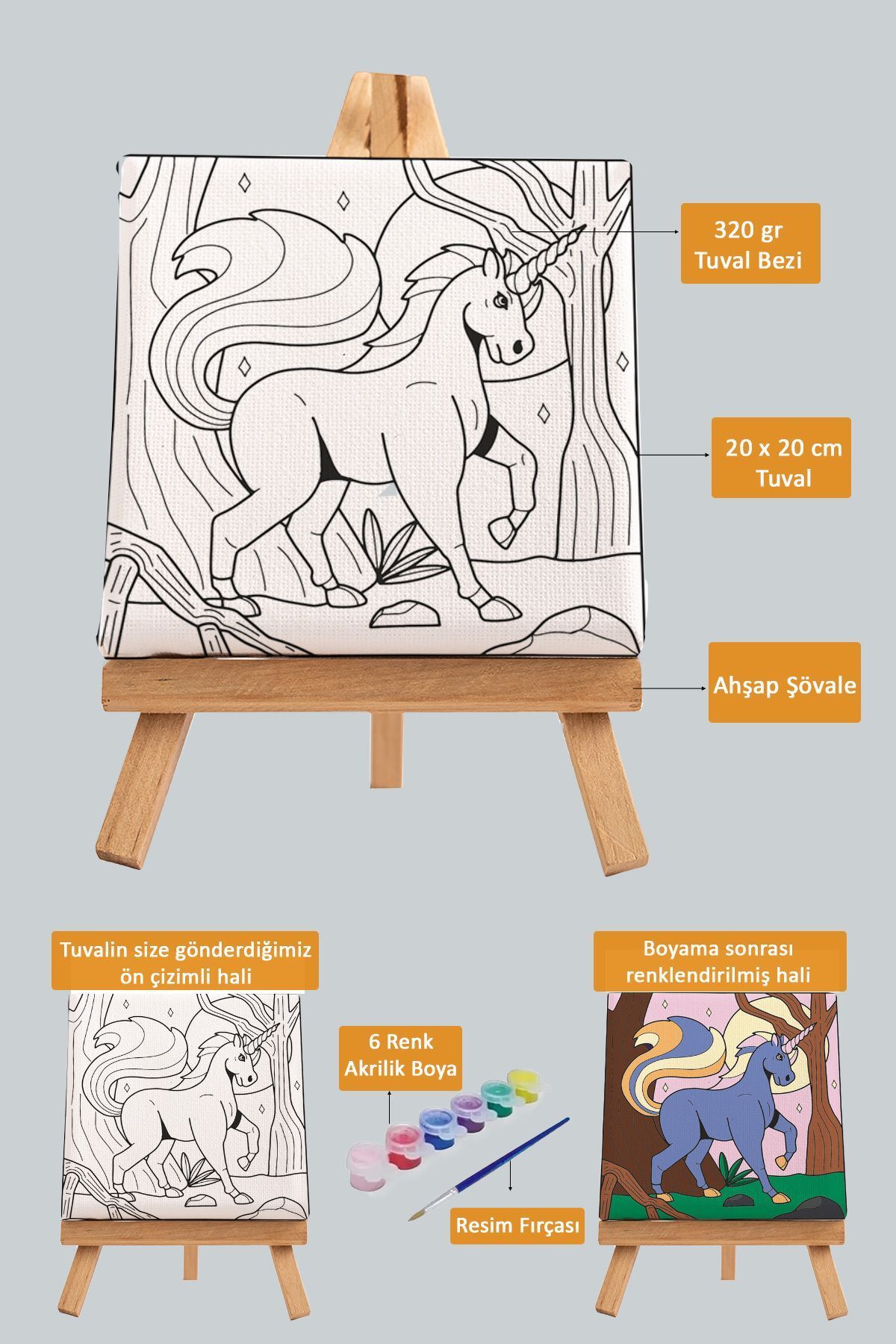 PAMUK'S DESİGN Sevimli Unicorn, Çocuk Eğitici Tuval Boyama Hobi Seti-9158