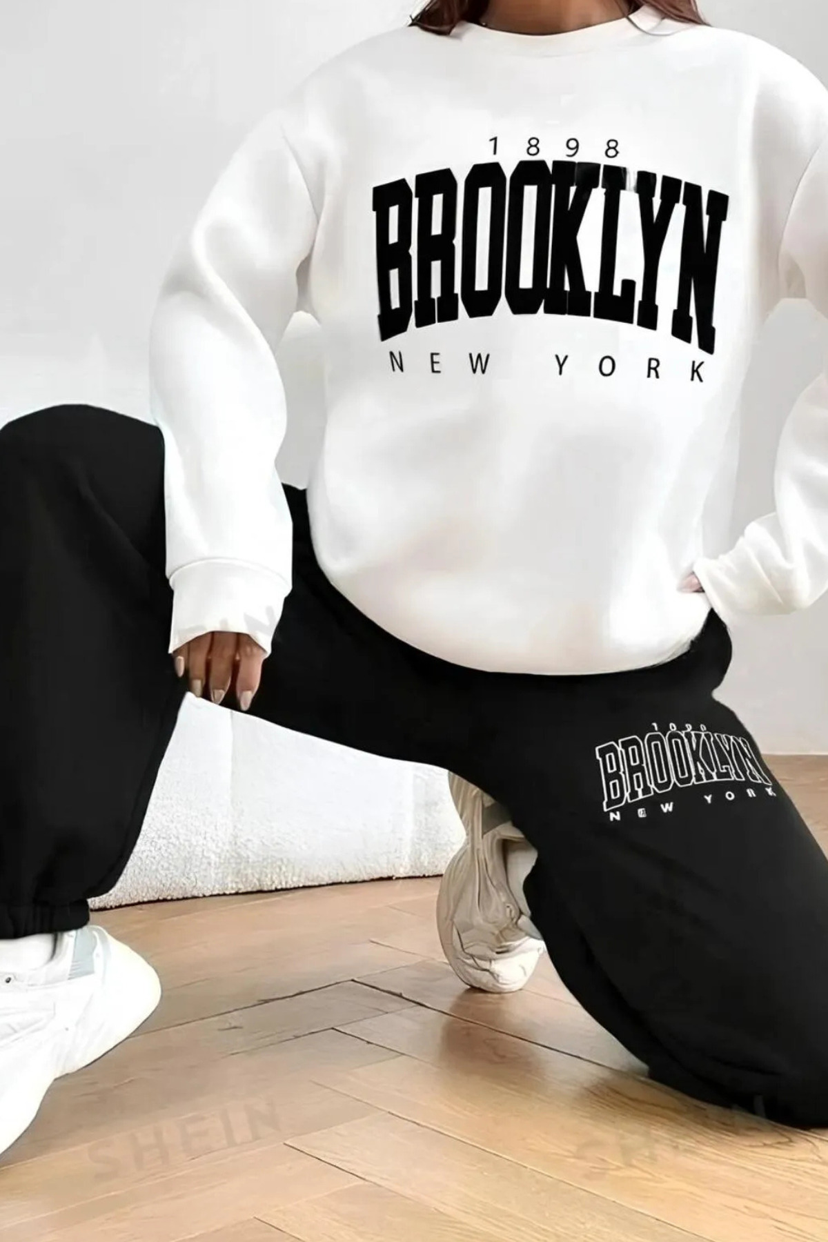 FECCY Pamuklu Kadın Brooklyn New York Baskılı Bisiklet Yaka Eşofman Takımı