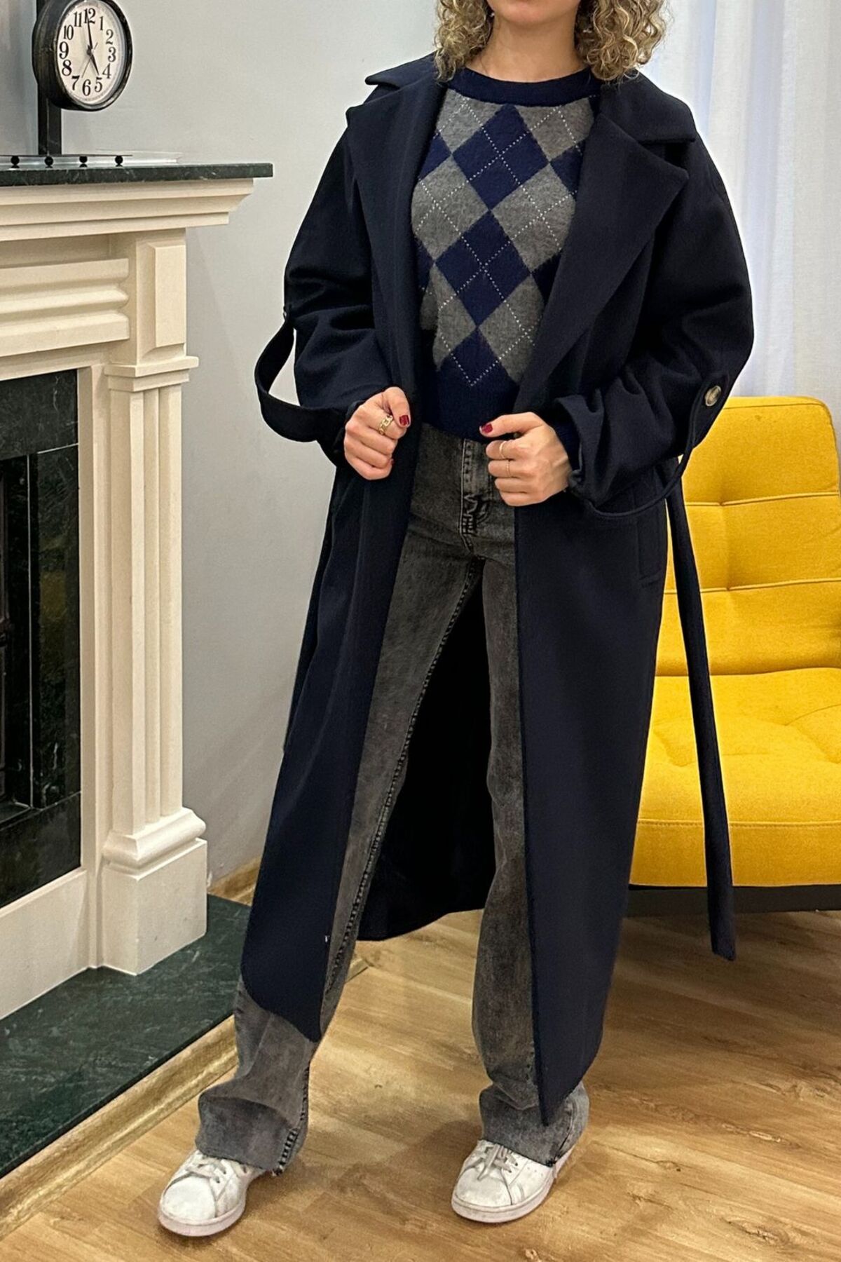 SeHlen Butik  Lacivert Kol Apoletli Kaşe Palto - Görsel 3