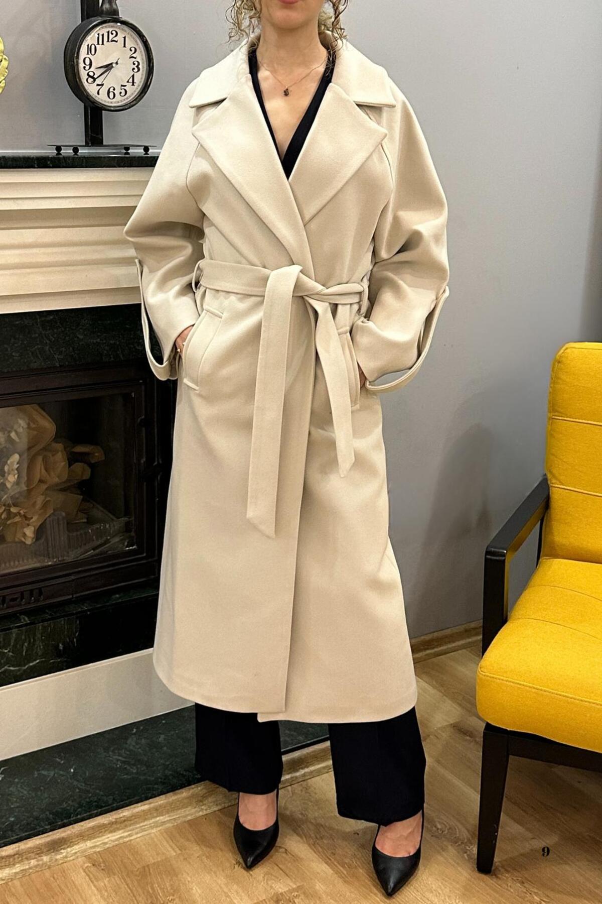 SeHlen Butik  Bej Kol Apoletli Kaşe Palto - Görsel 5