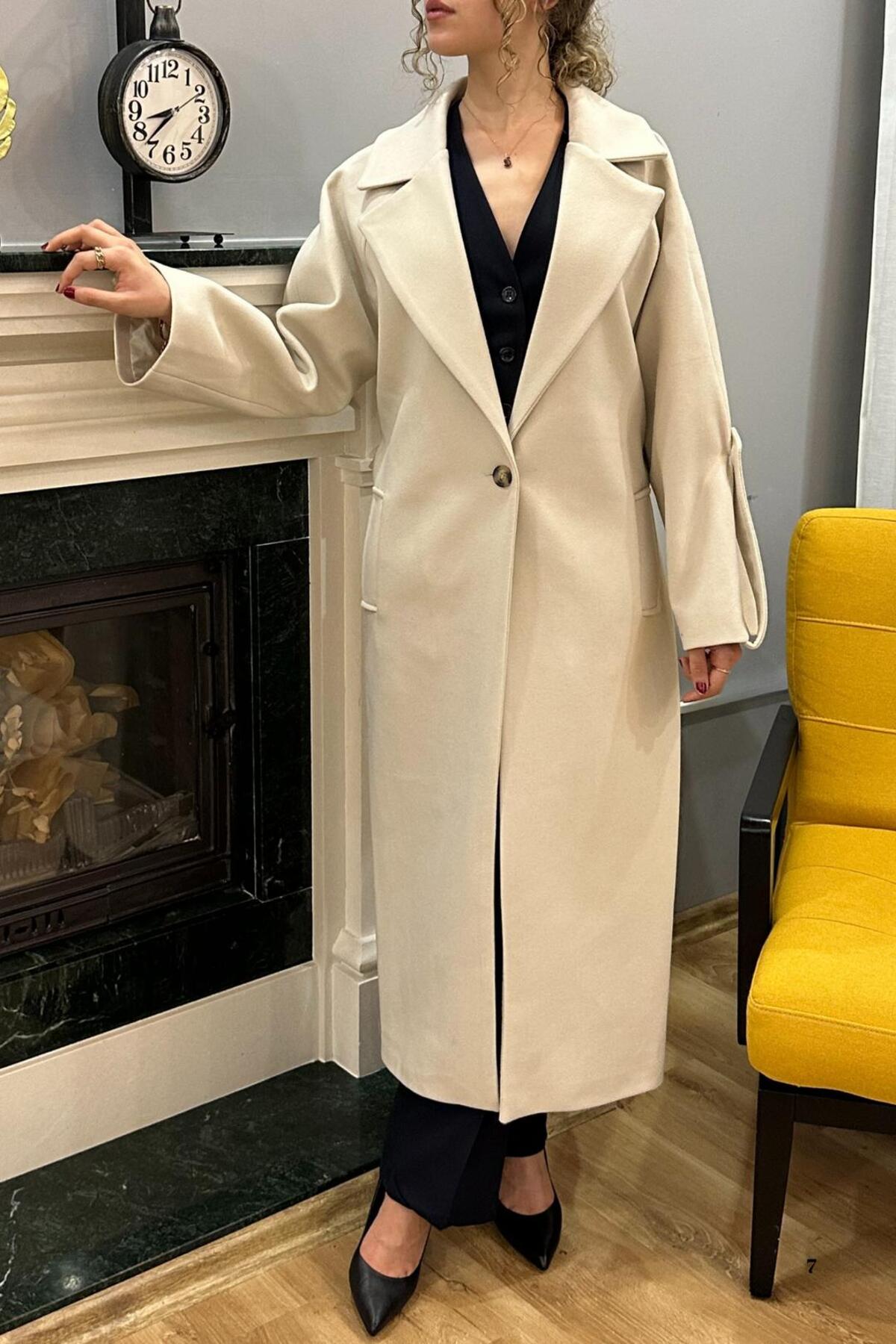 SeHlen Butik  Bej Kol Apoletli Kaşe Palto - Görsel 3