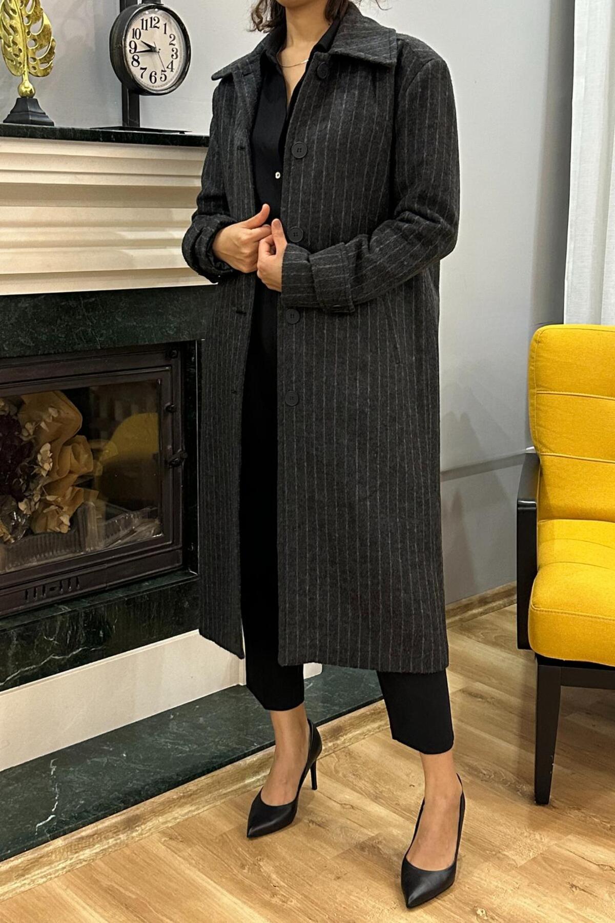 SeHlen Butik  Boydan Düğmeli Çizgili Siyah Kaşe Palto - Görsel 2