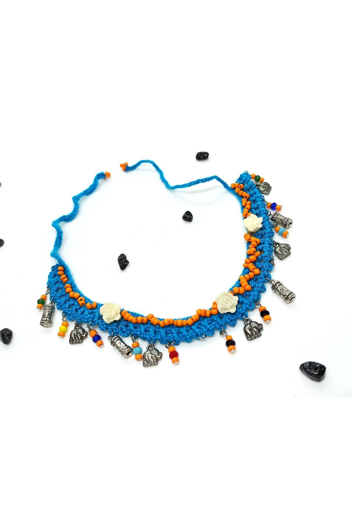 COOL&RELAX-Handmade Blue Knitted Orange Bead Detailed Both Choker Necklace Both Ankle 2
