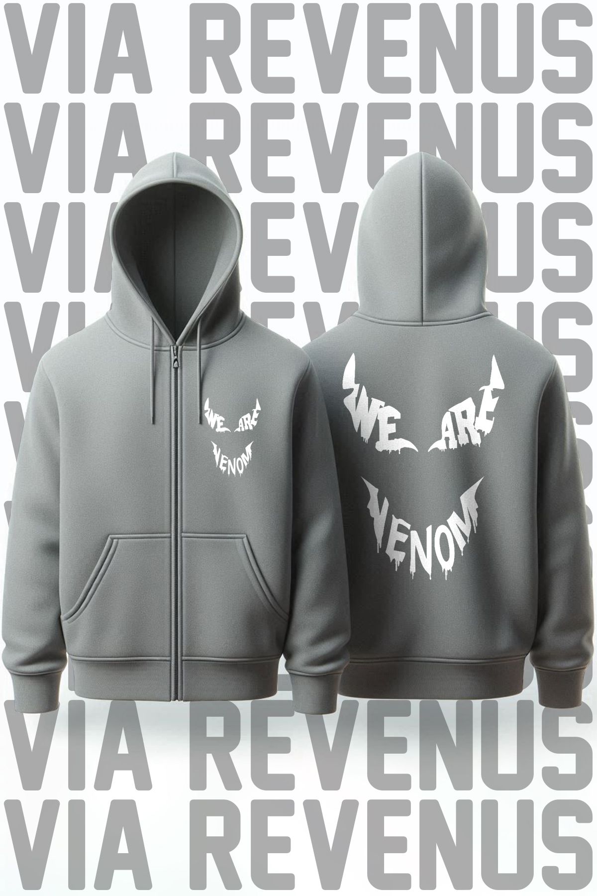 Vordevia We Are Venom Ön ve Arka Baskılı Unisex Fermuarlı Kapüşonlu Gri Sweatshirt Hırka