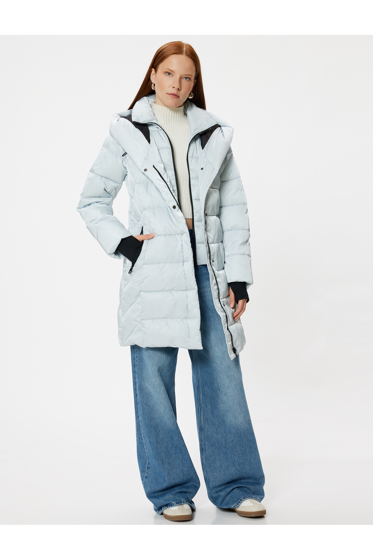 Koton  Uzun Kapitone Şişme Mont Kapüşonlu Cepli Fermuarlı - Görsel 2