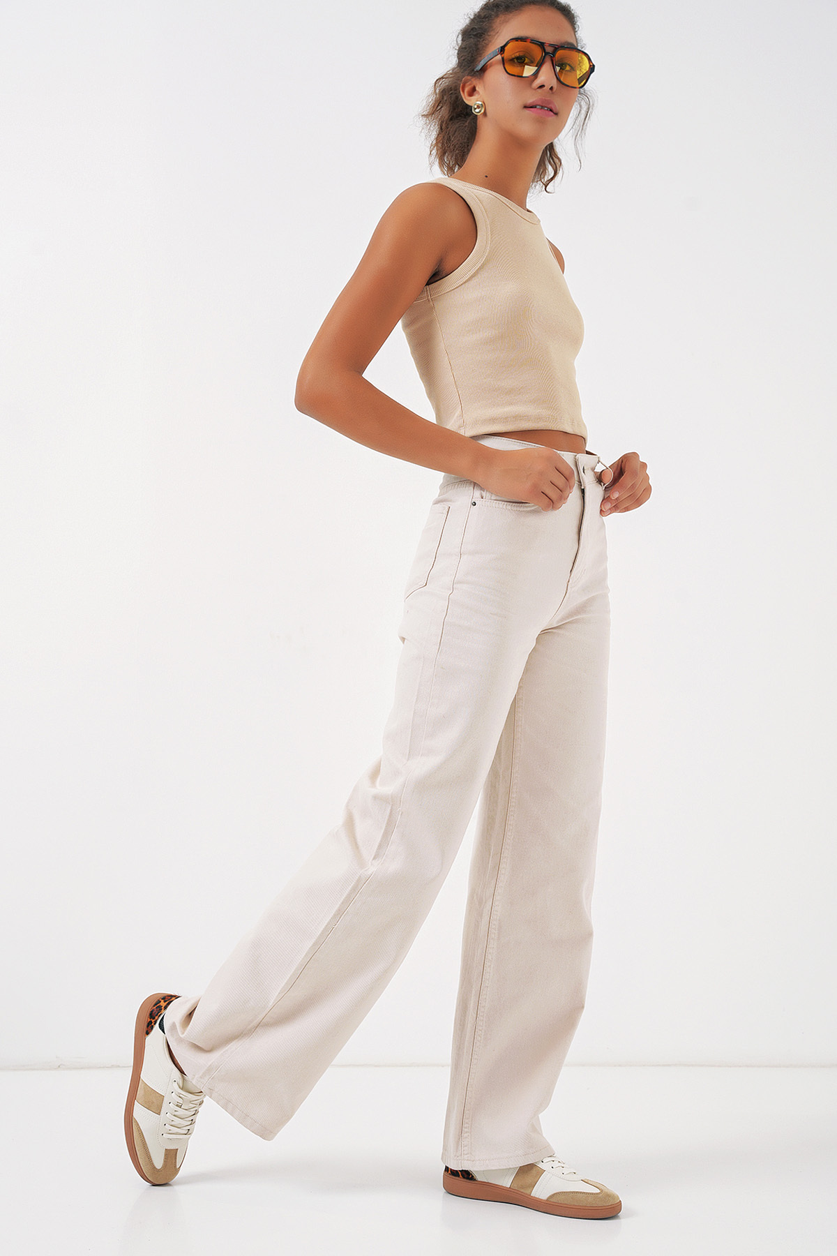 Bigdart-6704 Wide Leg High Waisted Jeans - Ecru 2