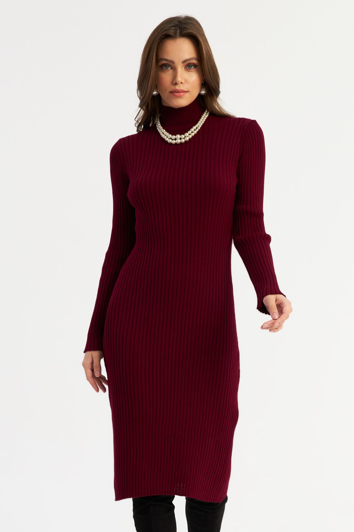 Kadın Bordo Triko Midi Elbise YV303