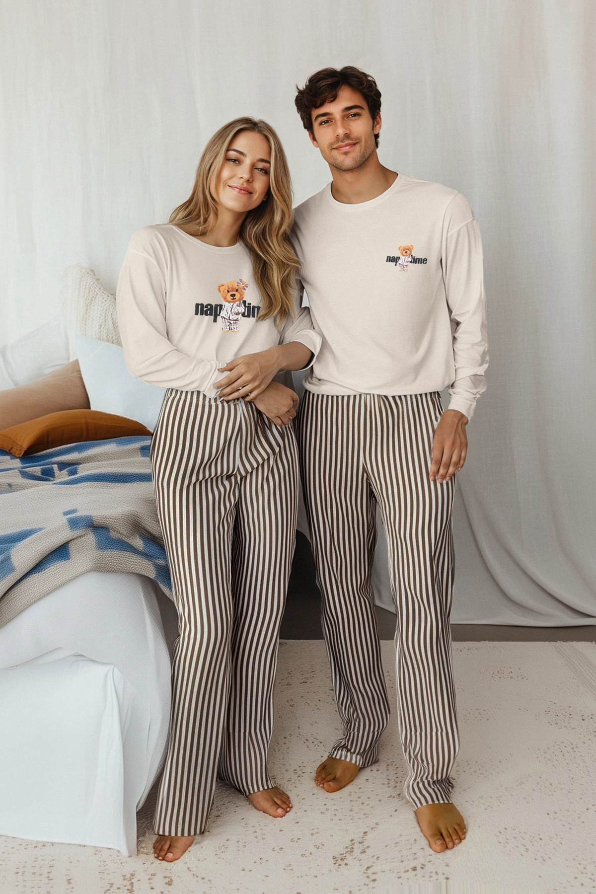 Trendyolmilla Man Bej - Kahve Regular Fit Çizgili Couple/Çift Örme Erkek Pijama Takımı TMNAW25PT00049