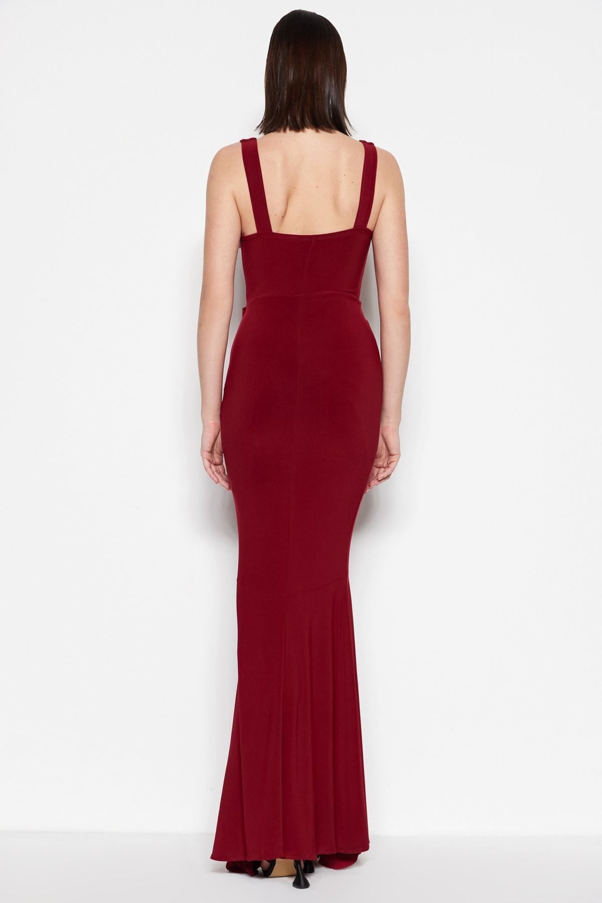 Trendyol Collection-Bordó testhez simuló Flounces estélyi ruha éjszakai ballagási ruha TPRSS19UT0026 6