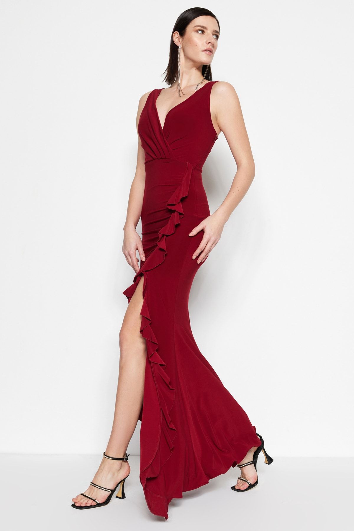 Trendyol Collection-Bordó testhez simuló Flounces estélyi ruha éjszakai ballagási ruha TPRSS19UT0026 3