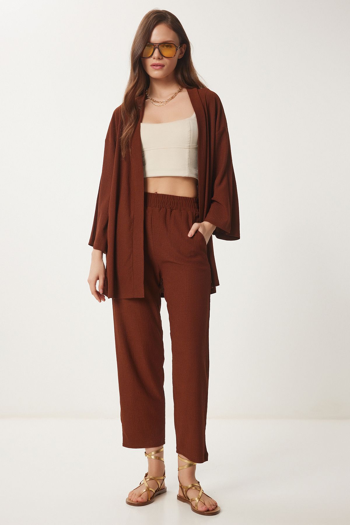 Happiness İstanbul Braunes Kimono-hosen-strickset für Damen - 38