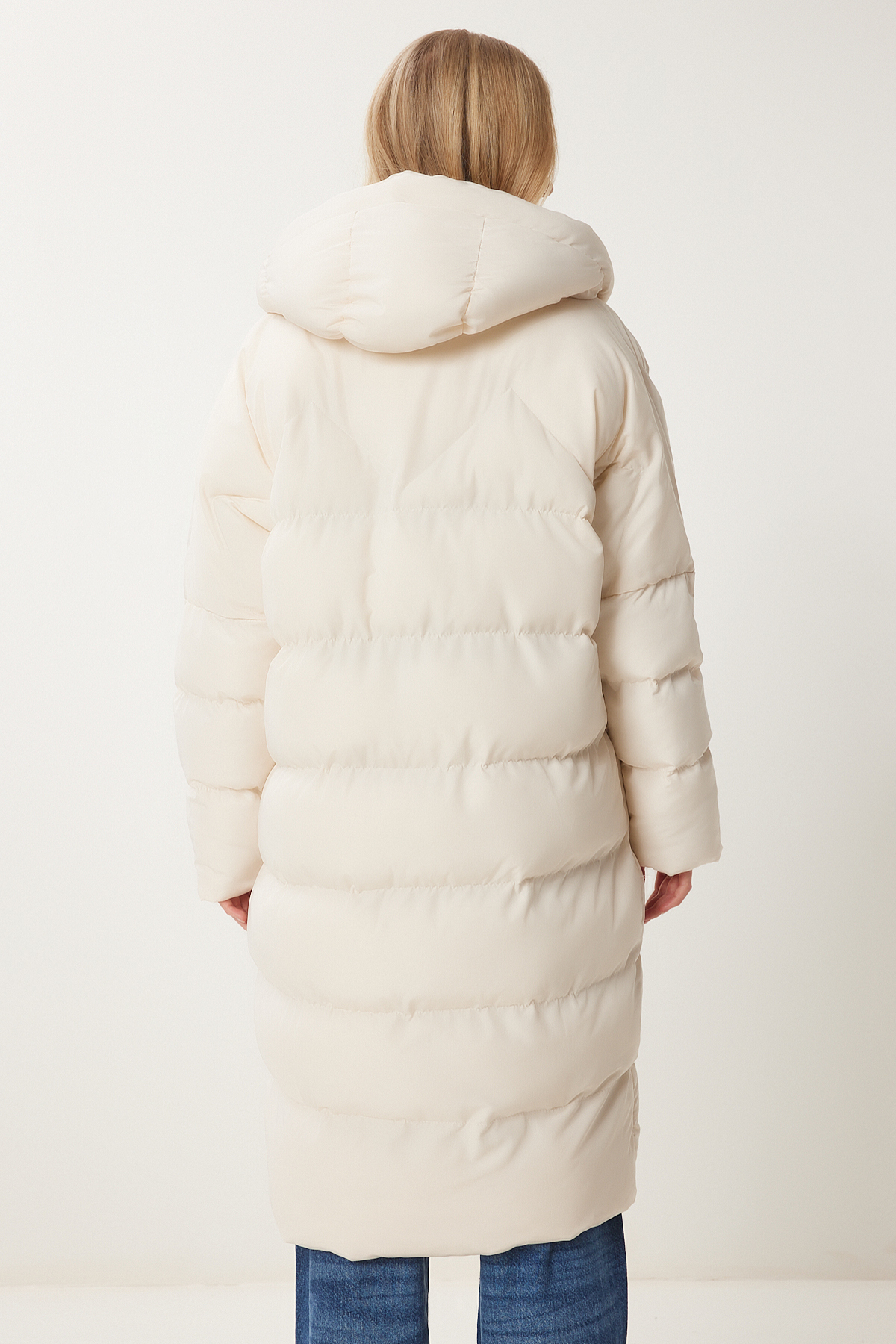 Happiness İstanbul  Kadın Kemik Kapüşonlu Oversize Uzun Şişme Kaban NT00428 - Görsel 8