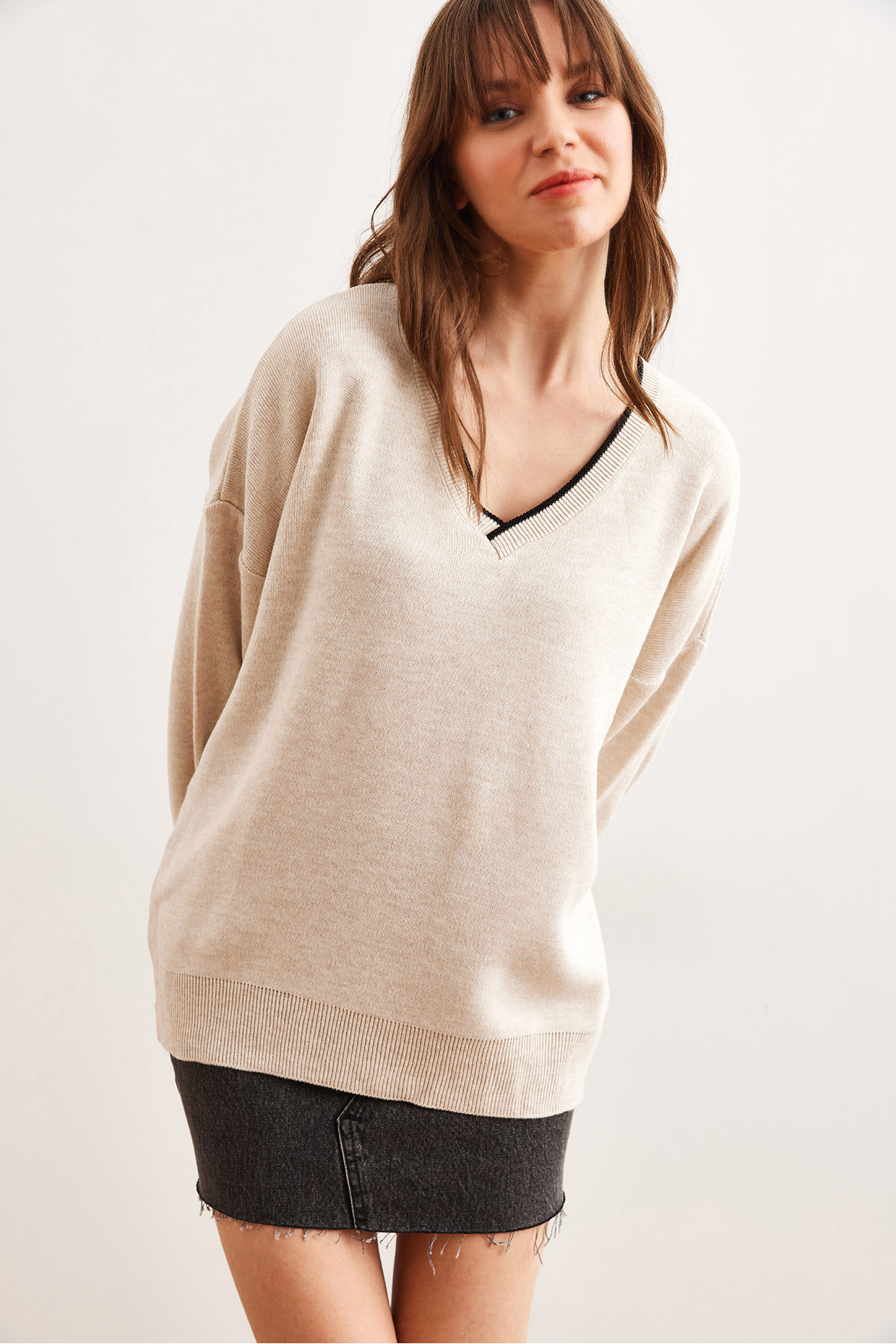Women's Stone Collar Detailed Striped Thick Knitwear SweaterKZK-19000924