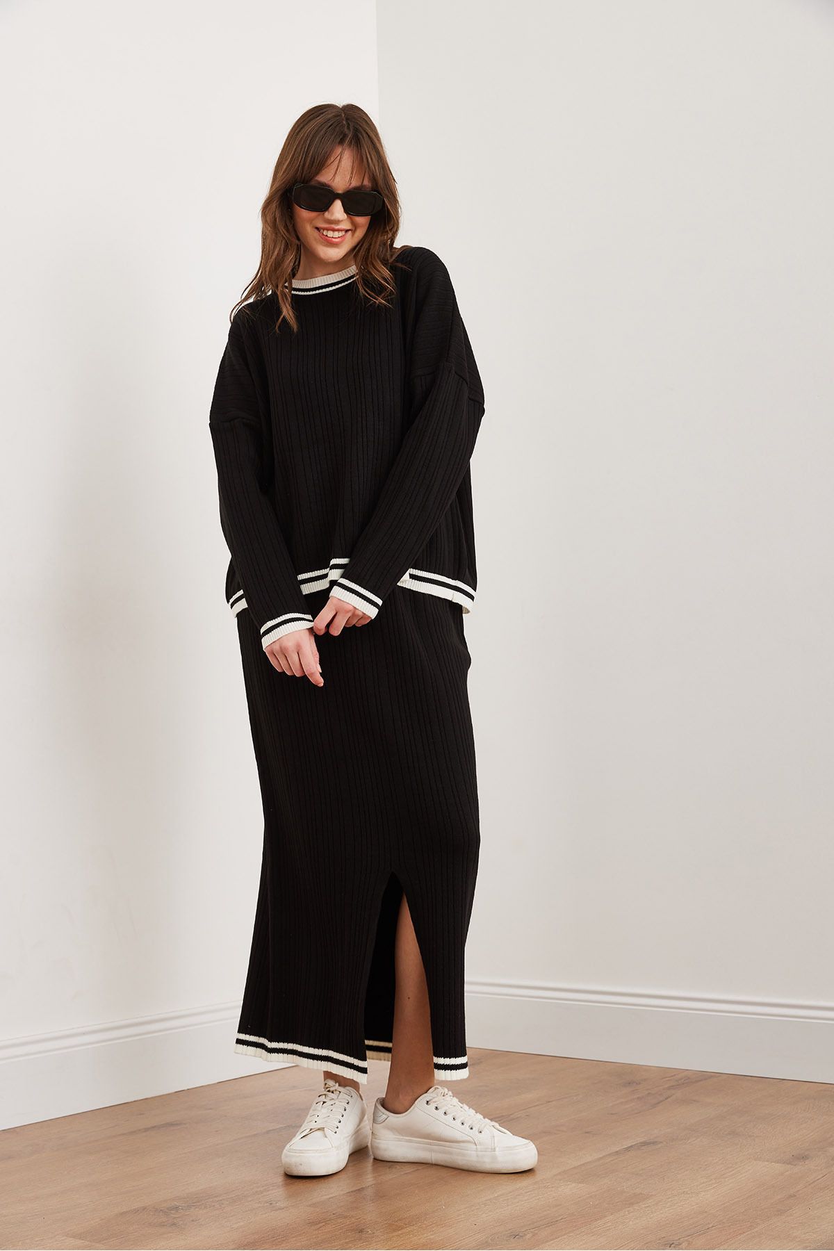 Olalook-Women's Black Top Sweater Bottom Slit Skirt Knitwear Set Tkm- 19000327 6