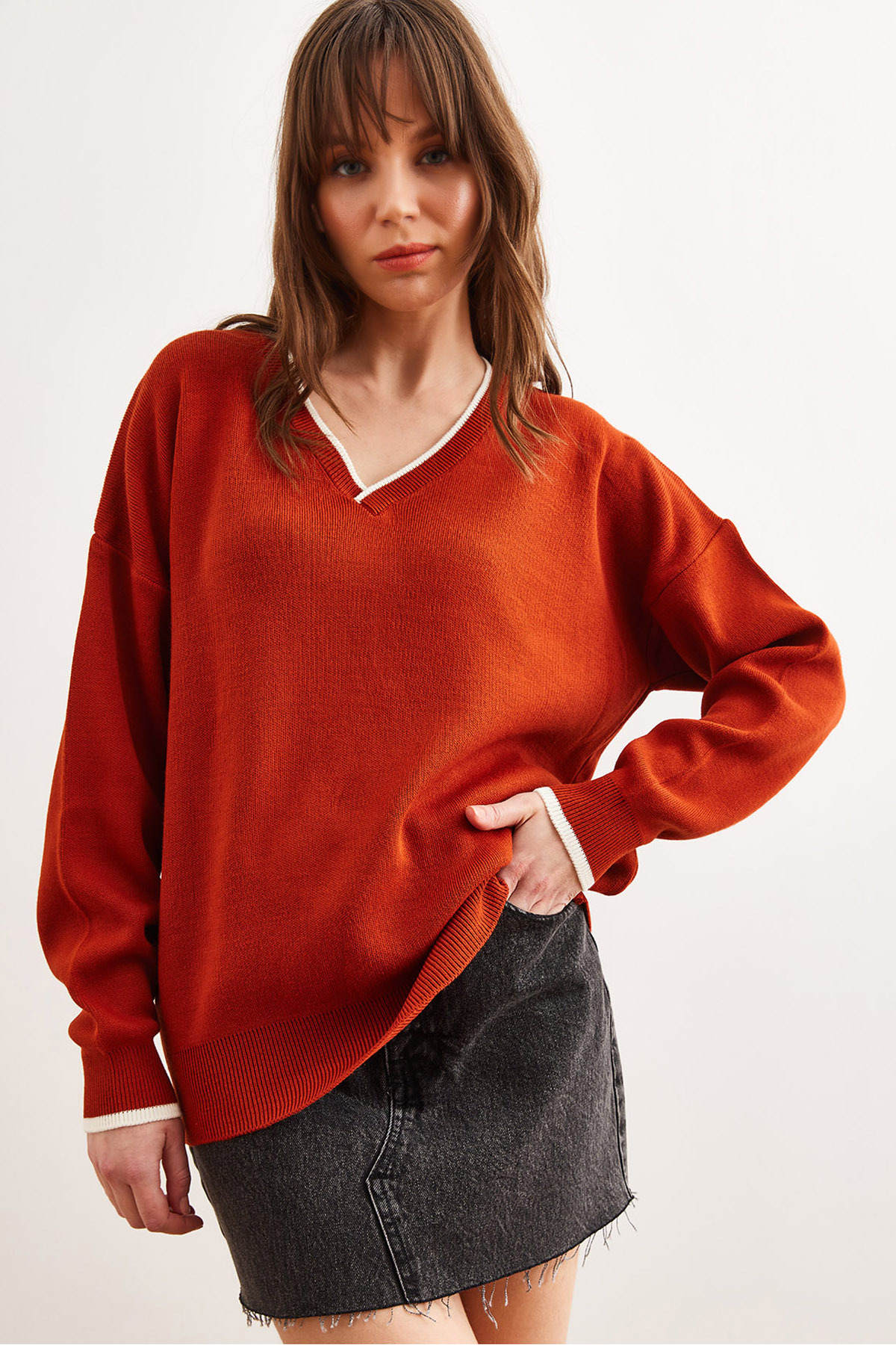 Women's Tile Collar Detailed Striped Thick Knitwear SweaterKZK-19000924