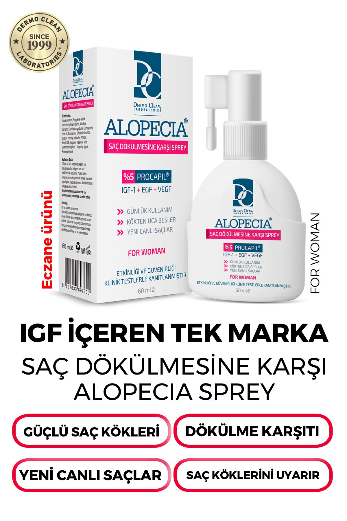 اسپری موی زنانه ضد ریزش مو با پروکاپیل و محتوای IGF 60 میلی لیتر Alopecia