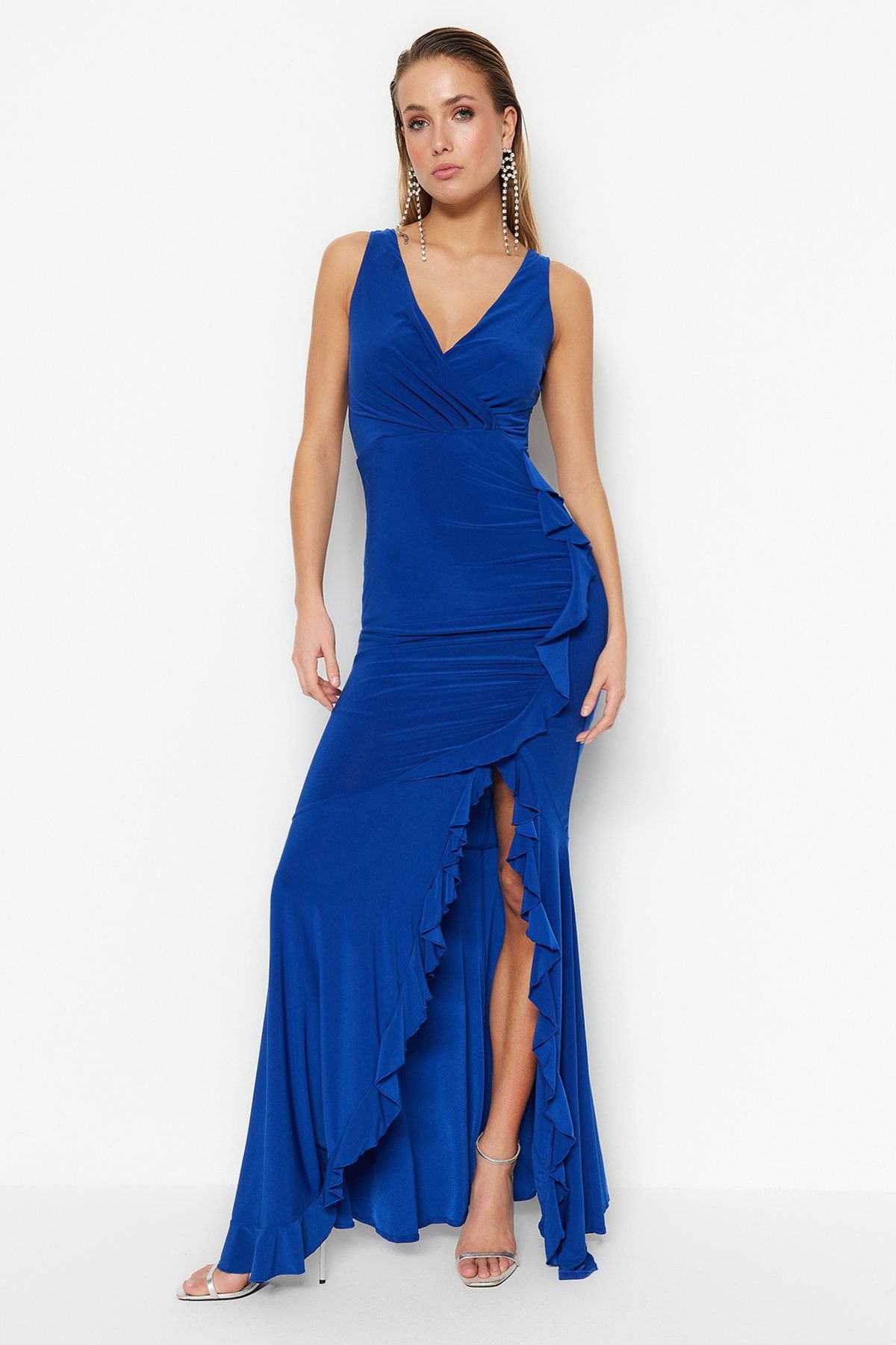 Trendyol Collection-Rochie de seară tricotată cu volan căptușită Saks Rochie de absolvire de noapte TPRSS19UT0026 3