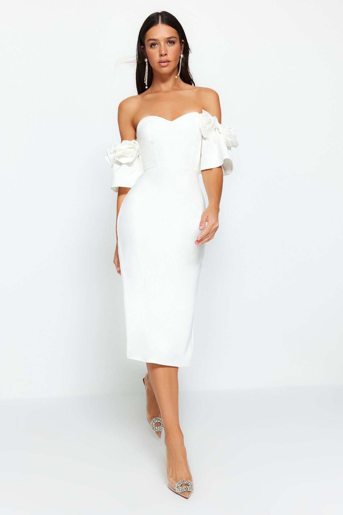 Trendyol Collection-Suknia ślubna typu body-sit w kolorze białym, podszyta, tkana, wieczorowa, na ślub/ślub, sukienka na studniówkę TPRSS23EL00541 3