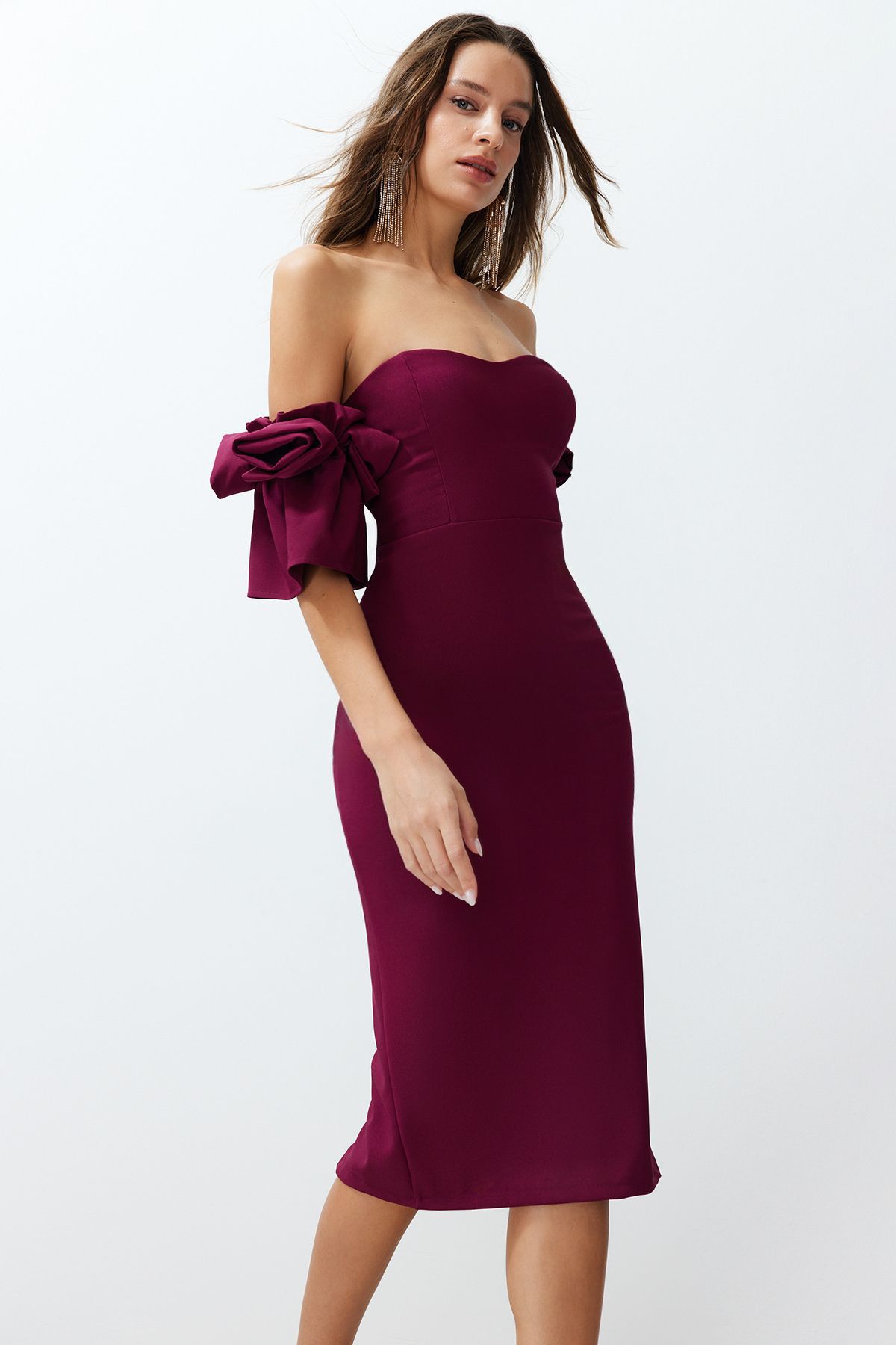Trendyol Collection-Rochie de seara tesuta eleganta cu accesorii trandafiri mov - TPRSS23EL00541 3
