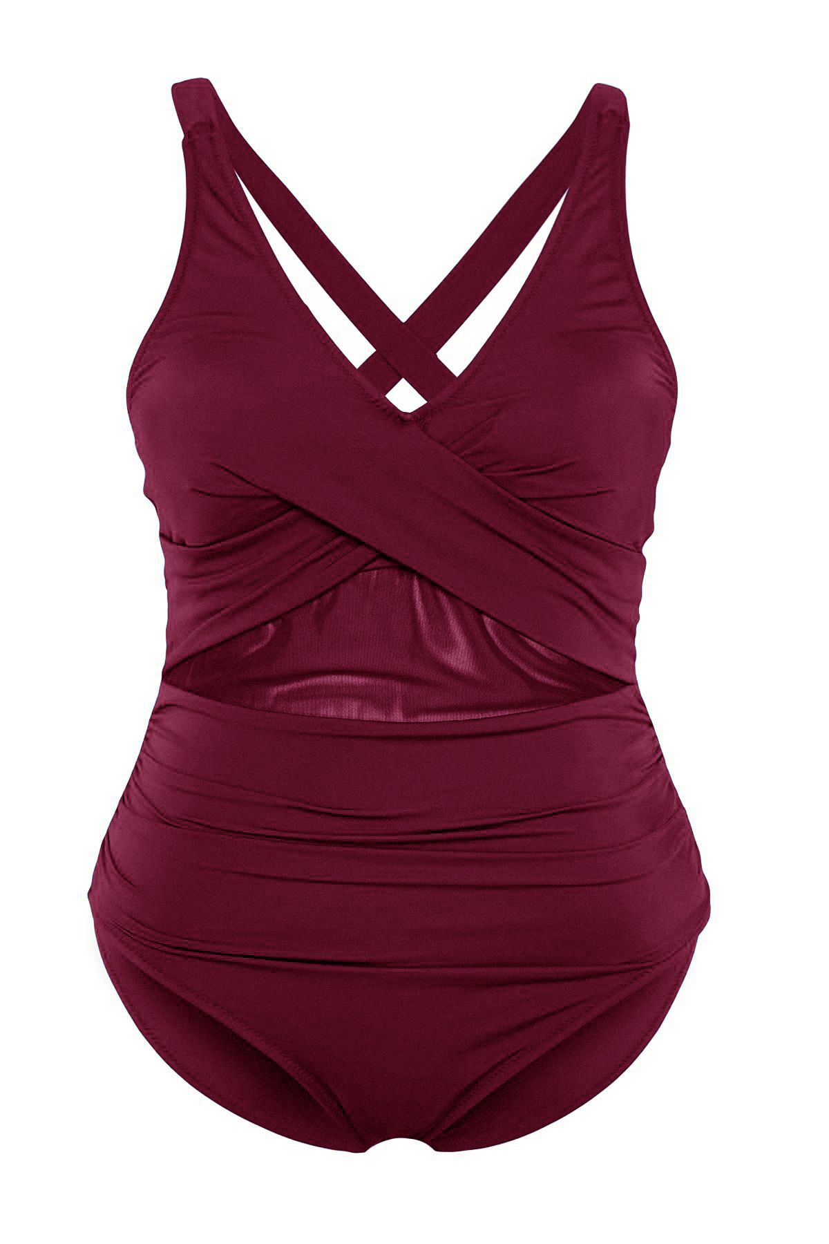Trendyol Curve-Weinroter, übergroßer Badeanzug mit Ausschnitt an der Taille, Mesh/Tüll-Detail, TBBSS23AM00037 6