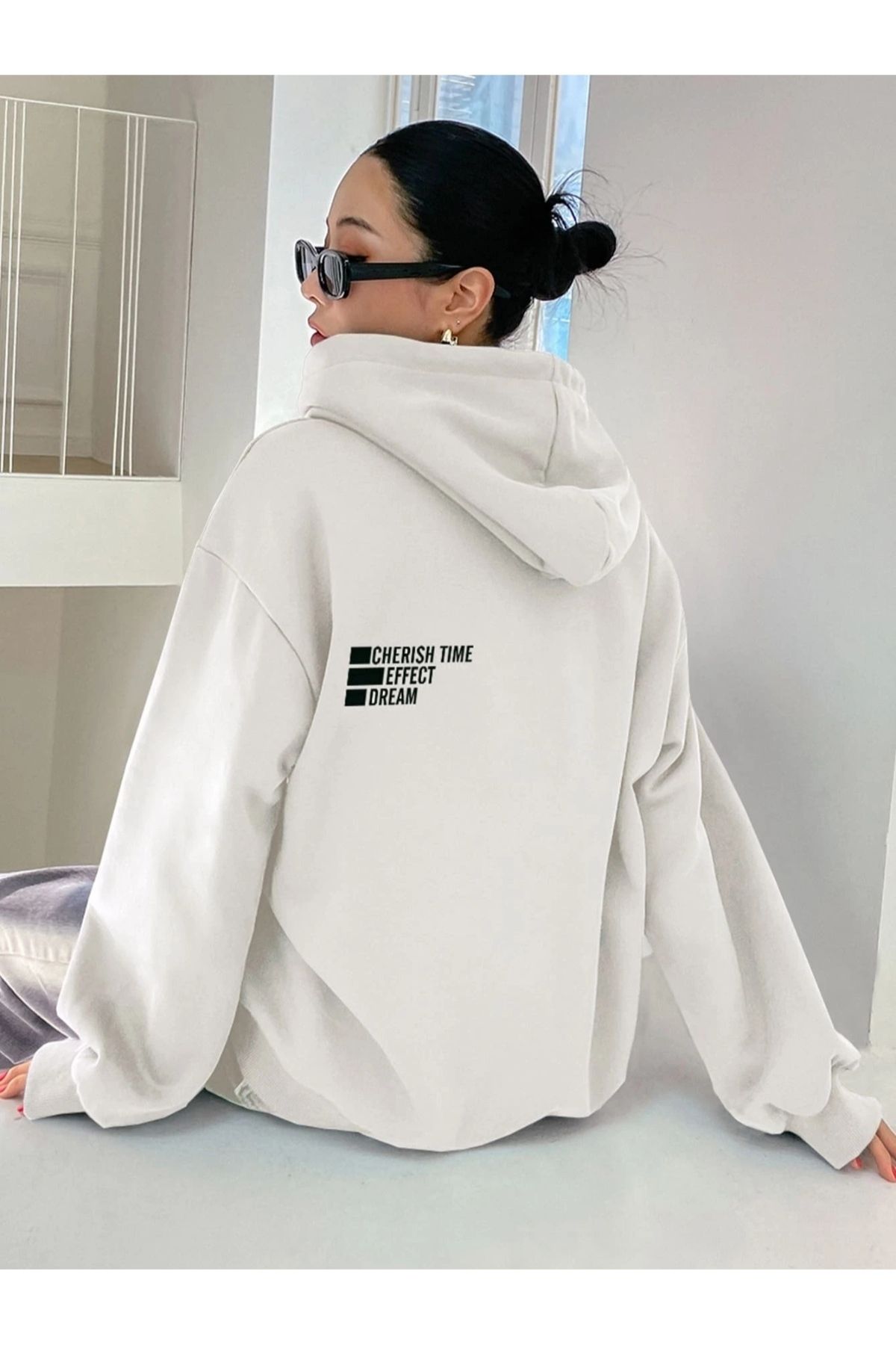 Moda Glo Kadın Cherısh Time Baskılı Oversize Kapuşonlu Sweatshirt