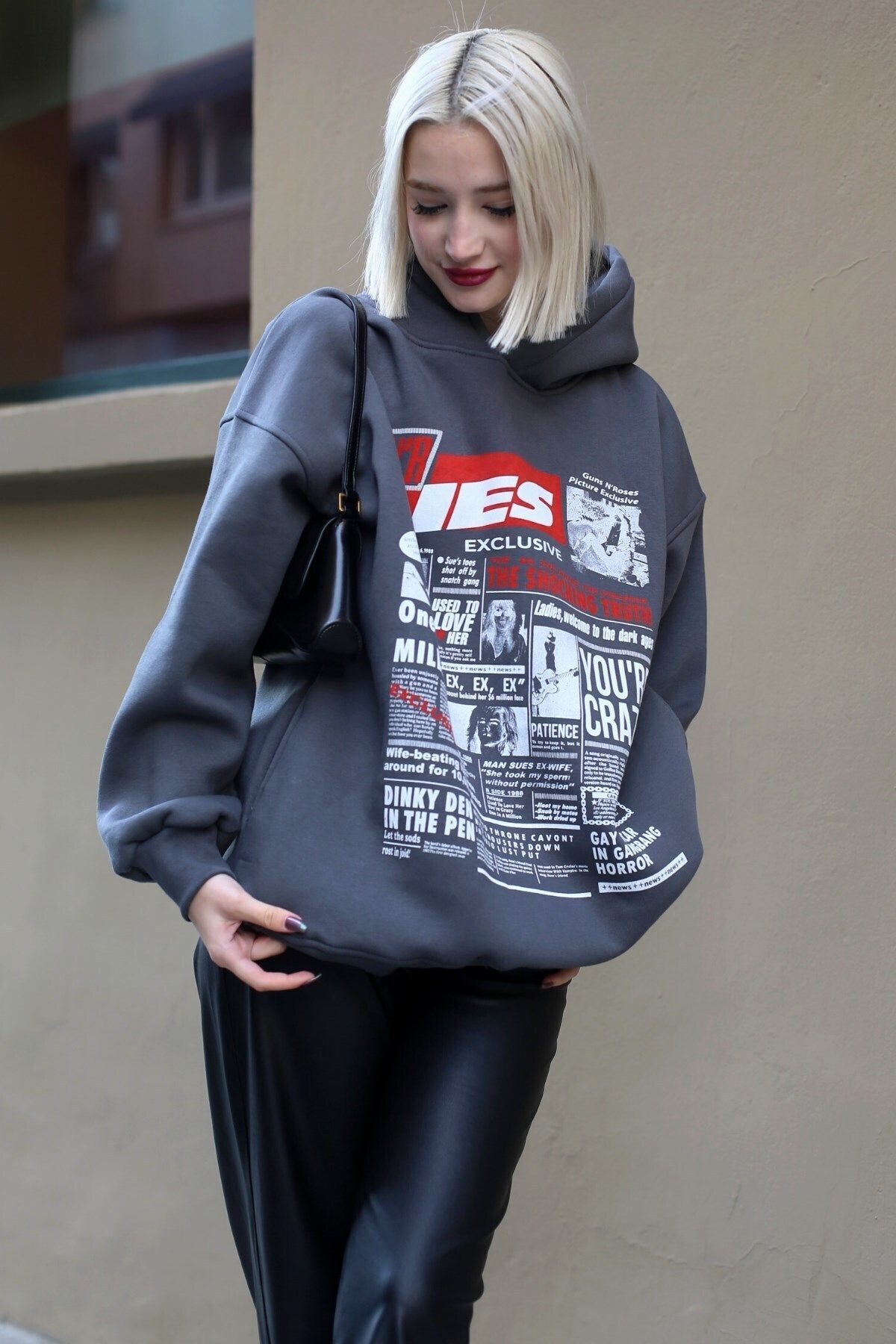 Moda Glo Baskılı Oversize Kapüşonlu Kadın Sweatshirt