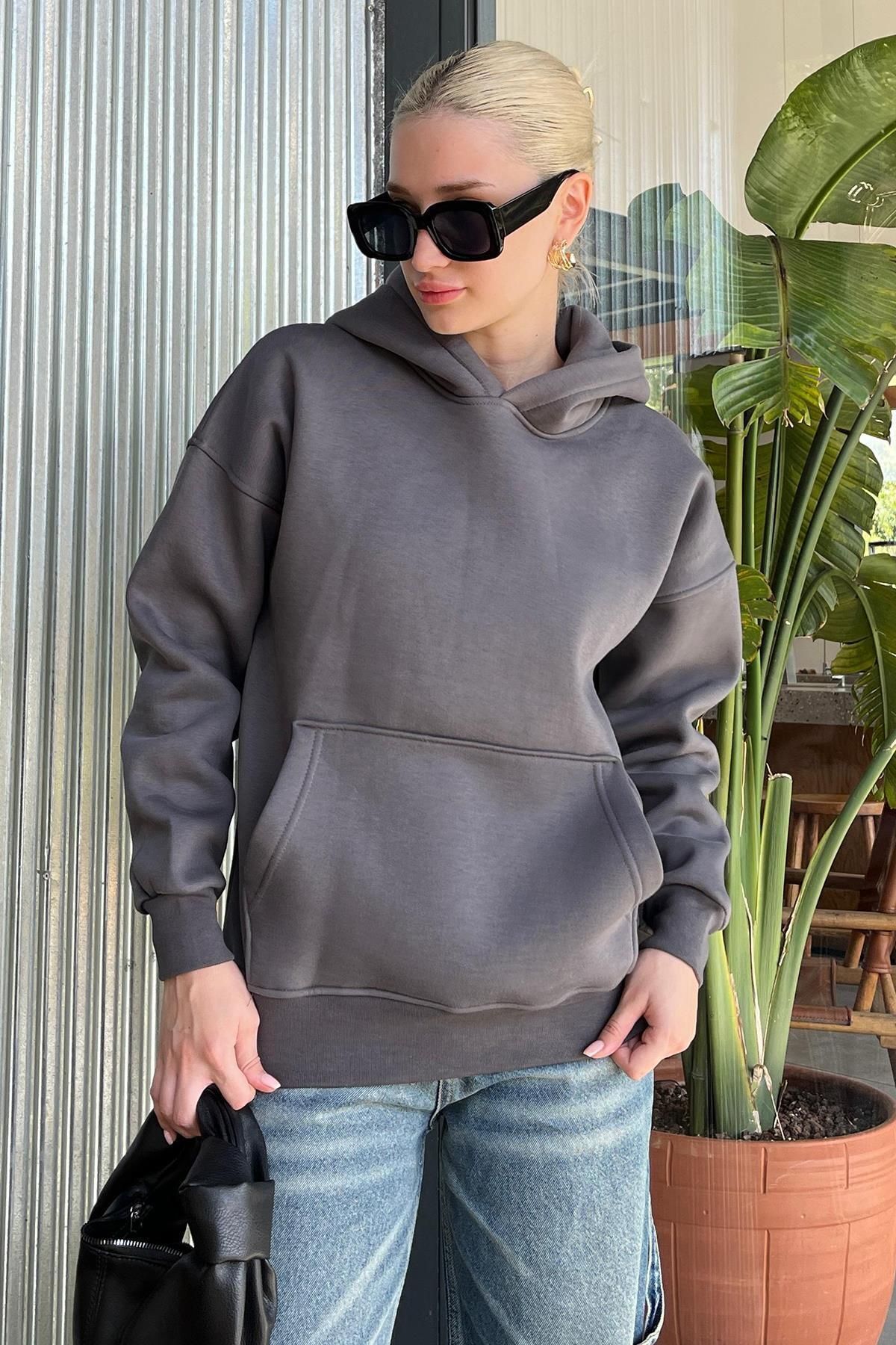 Moda Glo Kapüşonlu Şardonlu Oversize Cepli Sweatshirt