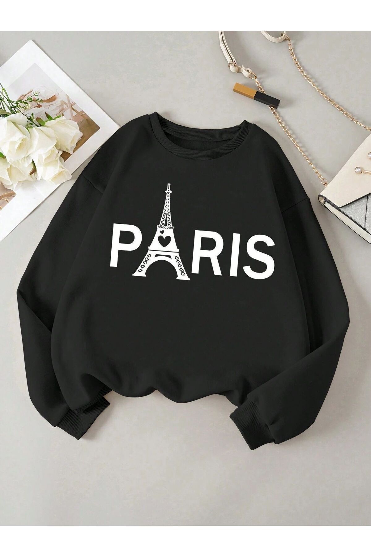 Moda Glo Kadın Paris Baskılı Oversize Bisiklet Yaka Sweatshirt