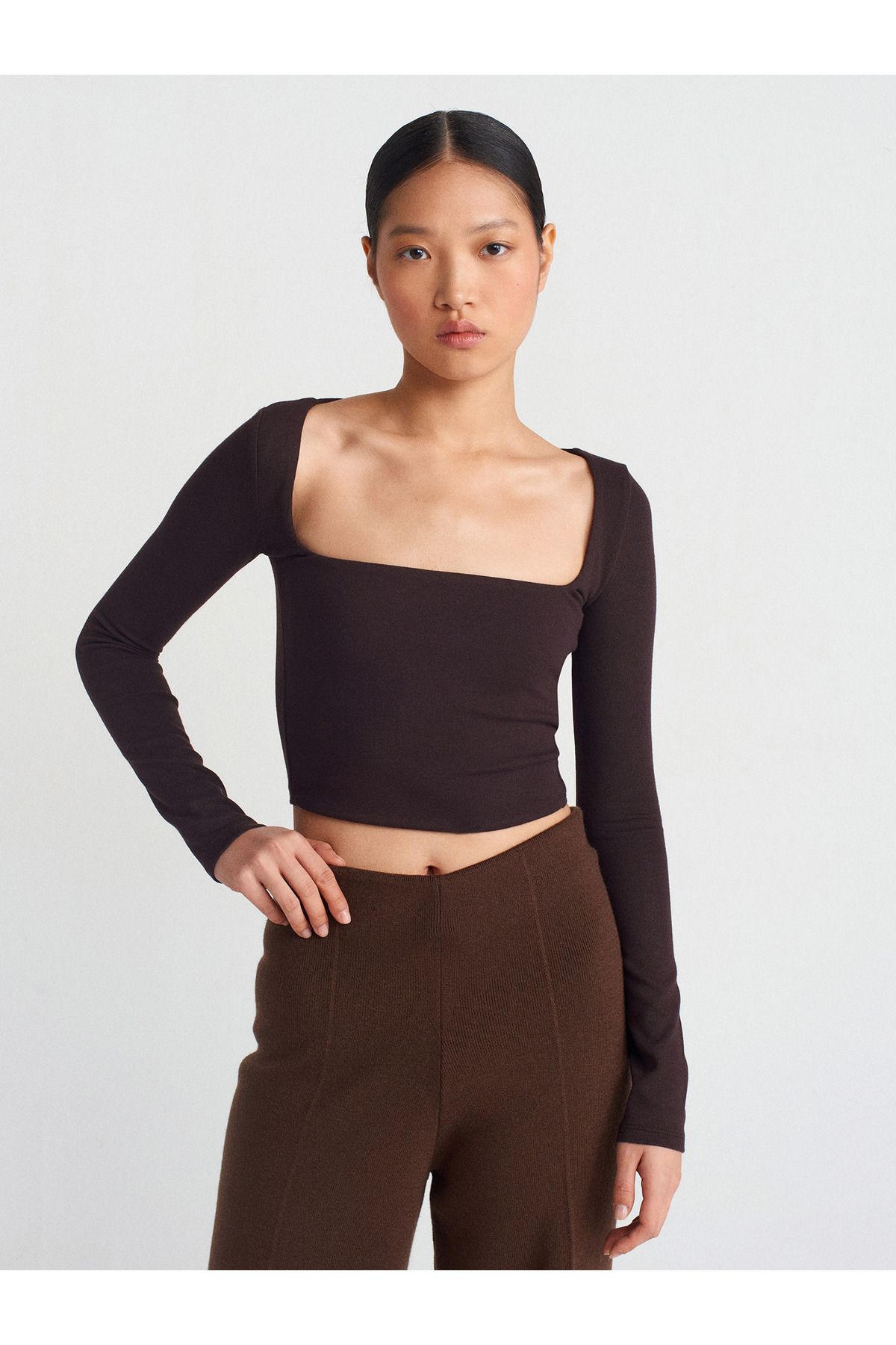 Dilvin-31507 Long Sleeve Top-Dark Brown 1