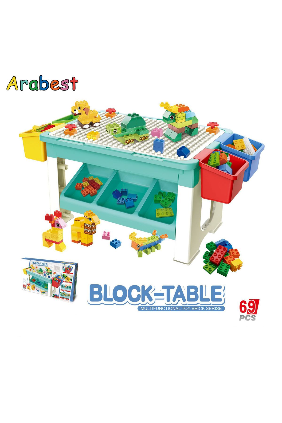 Arabest-69 قطعة متوافقة مع ليغو، طاولة دراسة، طاولة لعب مائية، طاولة رملية، طاولة متعددة الأغراض 1