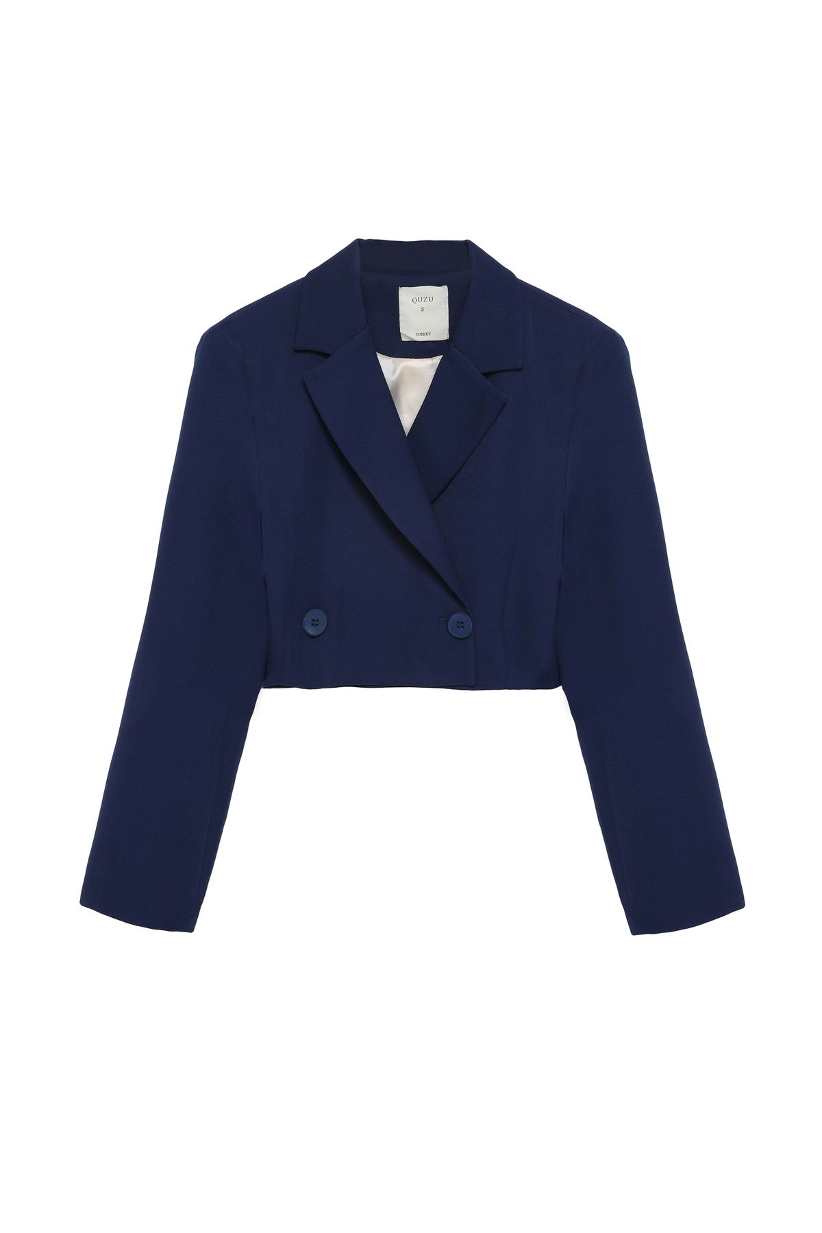Quzu-Double Breasted Crop Blazer Jacket Navy Blue 2