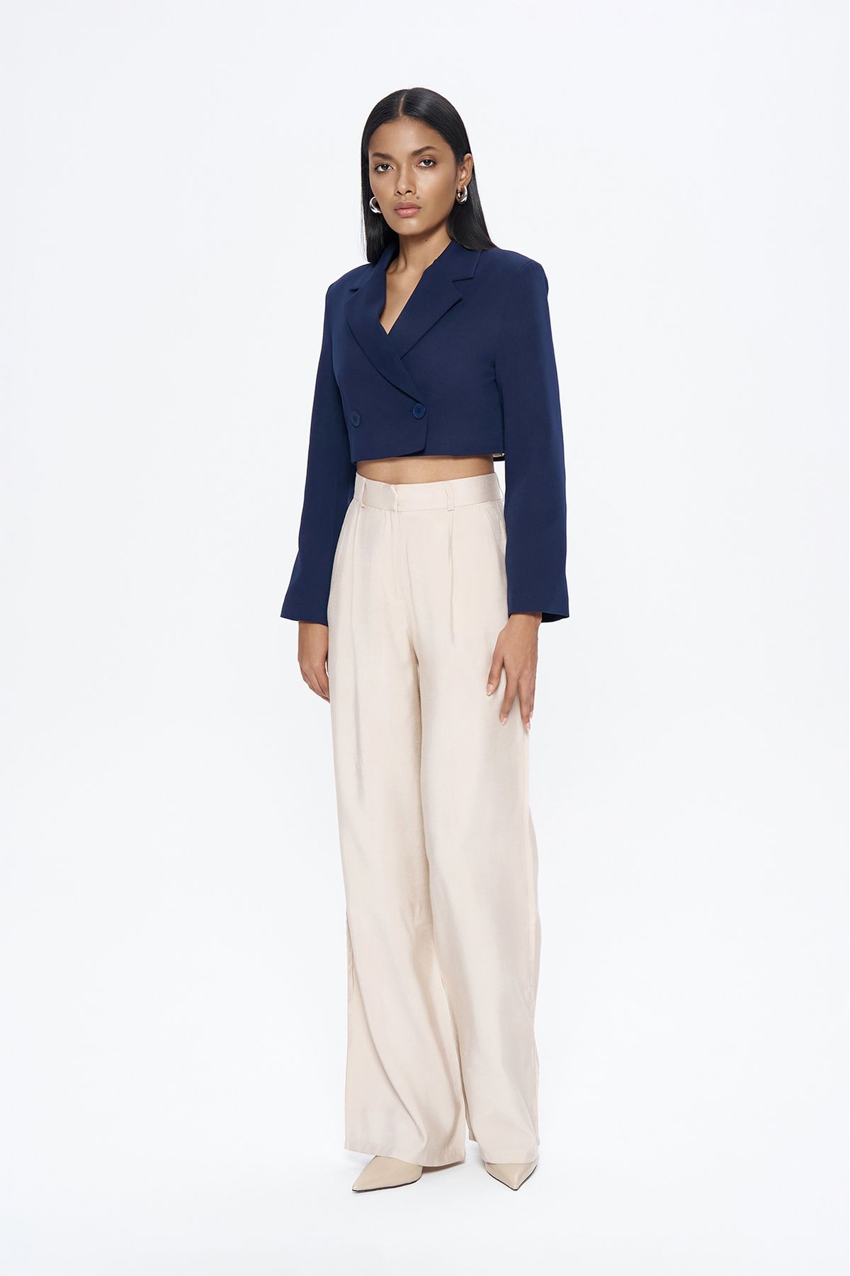 Quzu-Double Breasted Crop Blazer Jacket Navy Blue 4