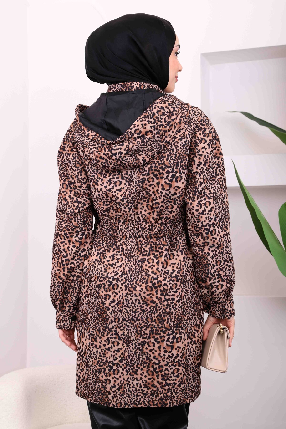 İmajButik-Mink Waist Gathered Hooded Leopard Trench 3