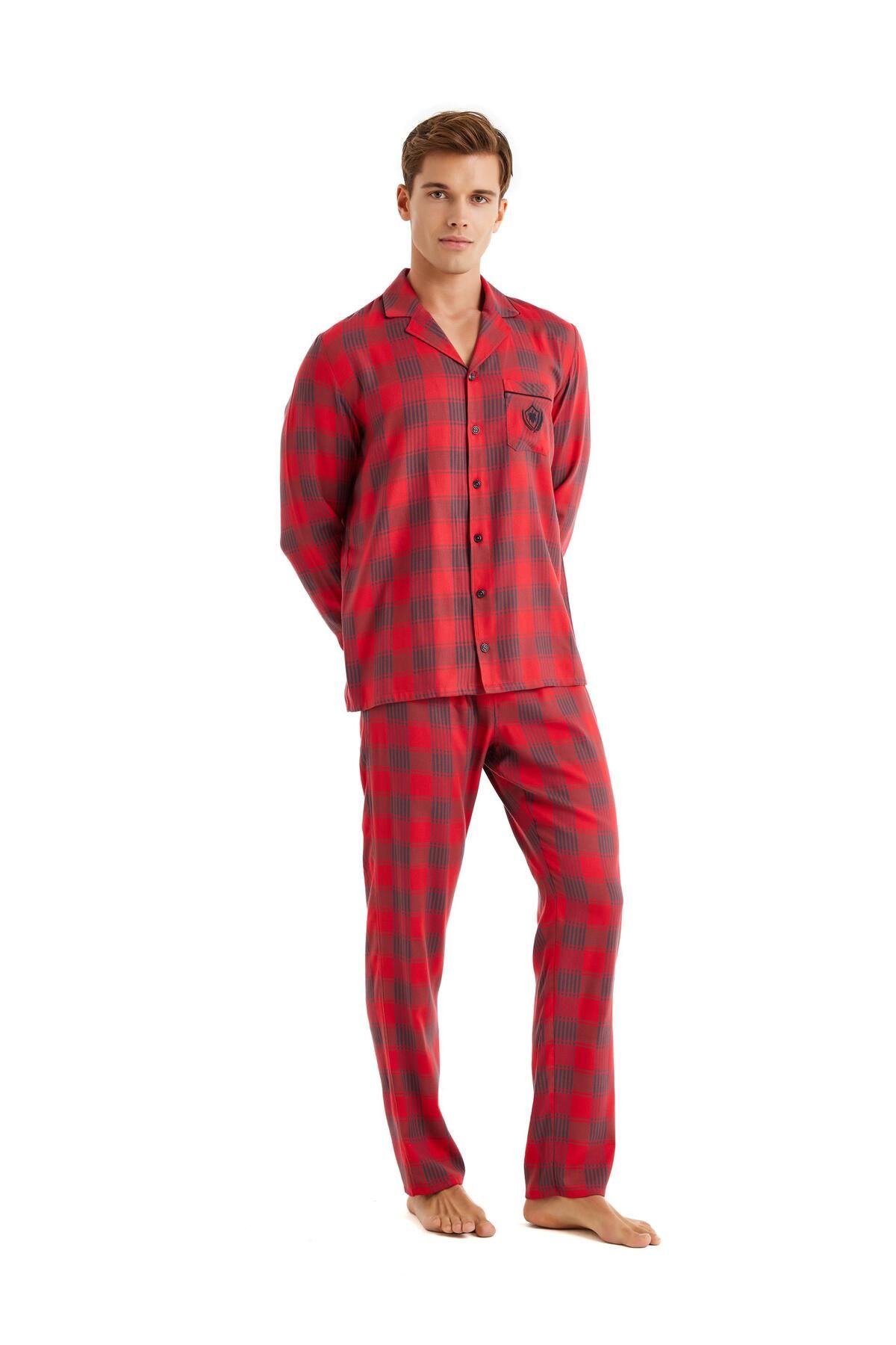 Blackspade-Men's Front Button Long Sleeve Red Pajamas Suit C2T9N5O04 1