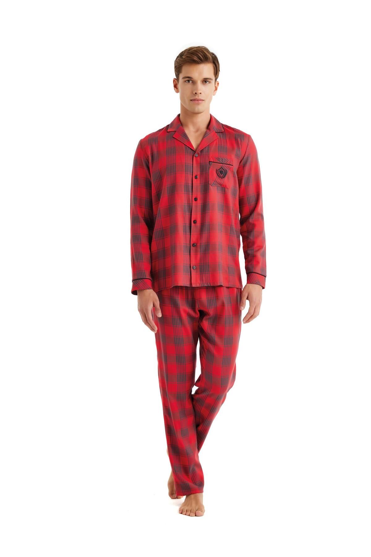 Blackspade-Men's Front Button Long Sleeve Red Pajamas Suit C2T9N5O04 2