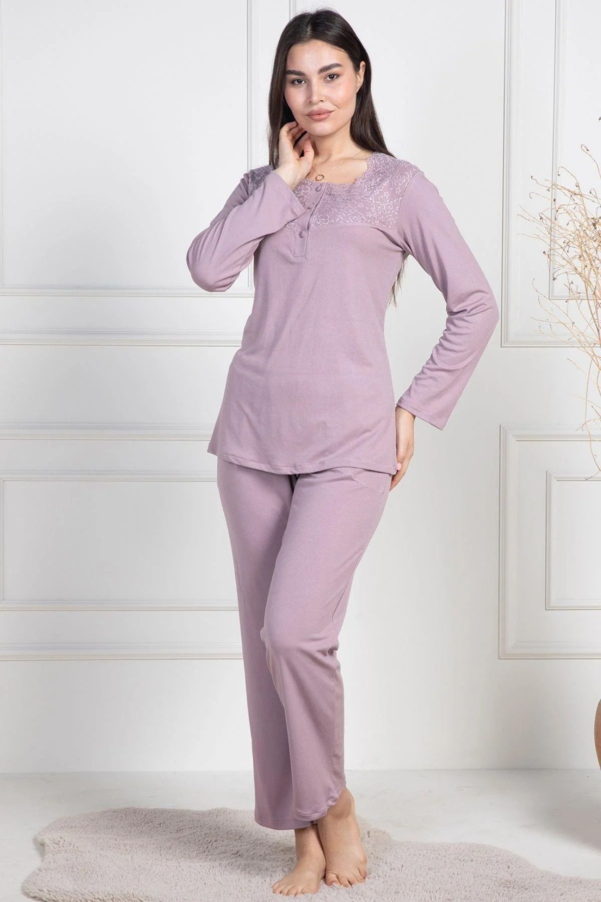 Mecit Pijama-Set de pijamale pentru femei, cu mâneci lungi, guler cu nasturi, dantelă, mărime mare, 75% bumbac, 25% viscoză 1